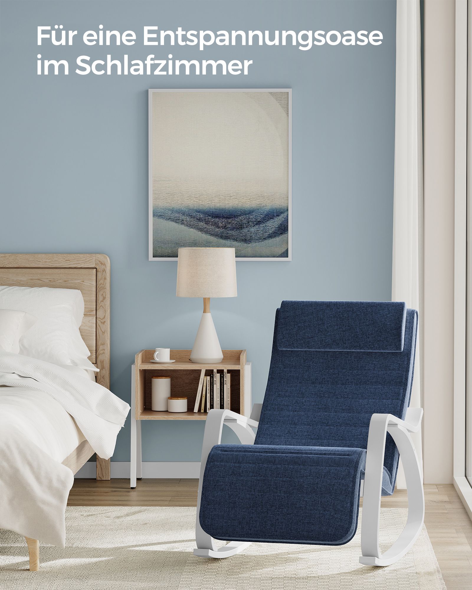 Šūpuļkrēsls ar 5 pozīcijās regulējamu kāju balstu, bērza koks, zils-balts, 121,5 x 67 x 84 cm - Image 3