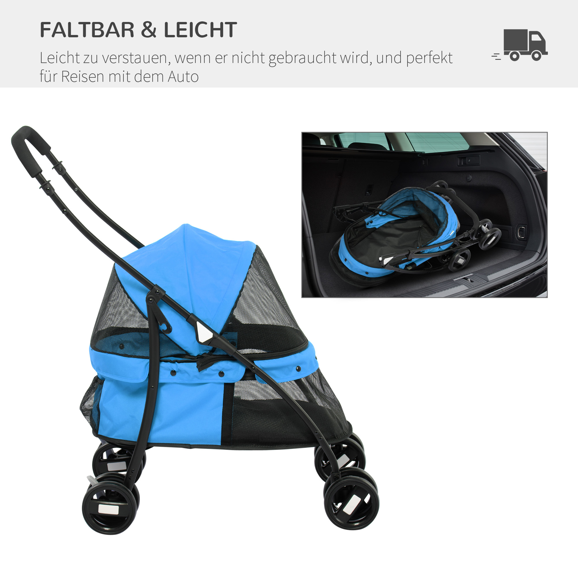 Šunų vežimėlis su reguliuojamu stogu, tinklelio langais, užtrauktuku, plienas, 82 x 47 x 97 cm, mėlynas / juodas - Image 6