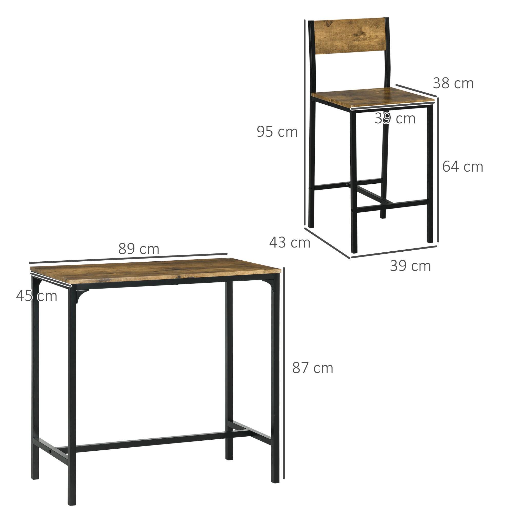 3-osainen baaripöytäsetti, korkea pöytä, 2 tuolia, MDF, metallirunko, ruskea-musta - Image 3