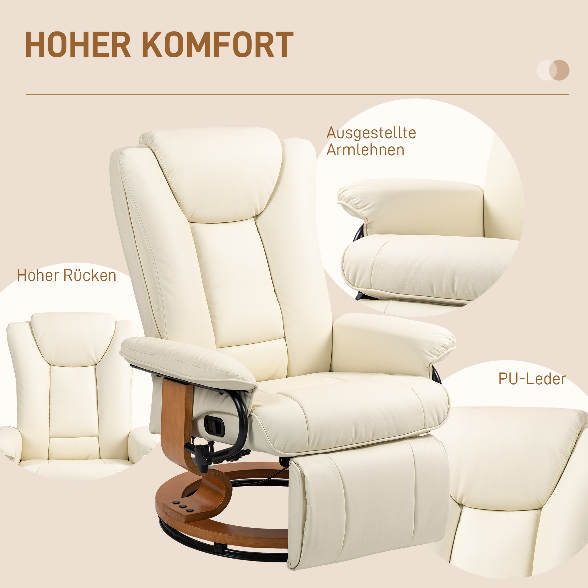 Recliner-kiiktool, kunstnahk, kreemvalge, kuni 150 kg - Image 7
