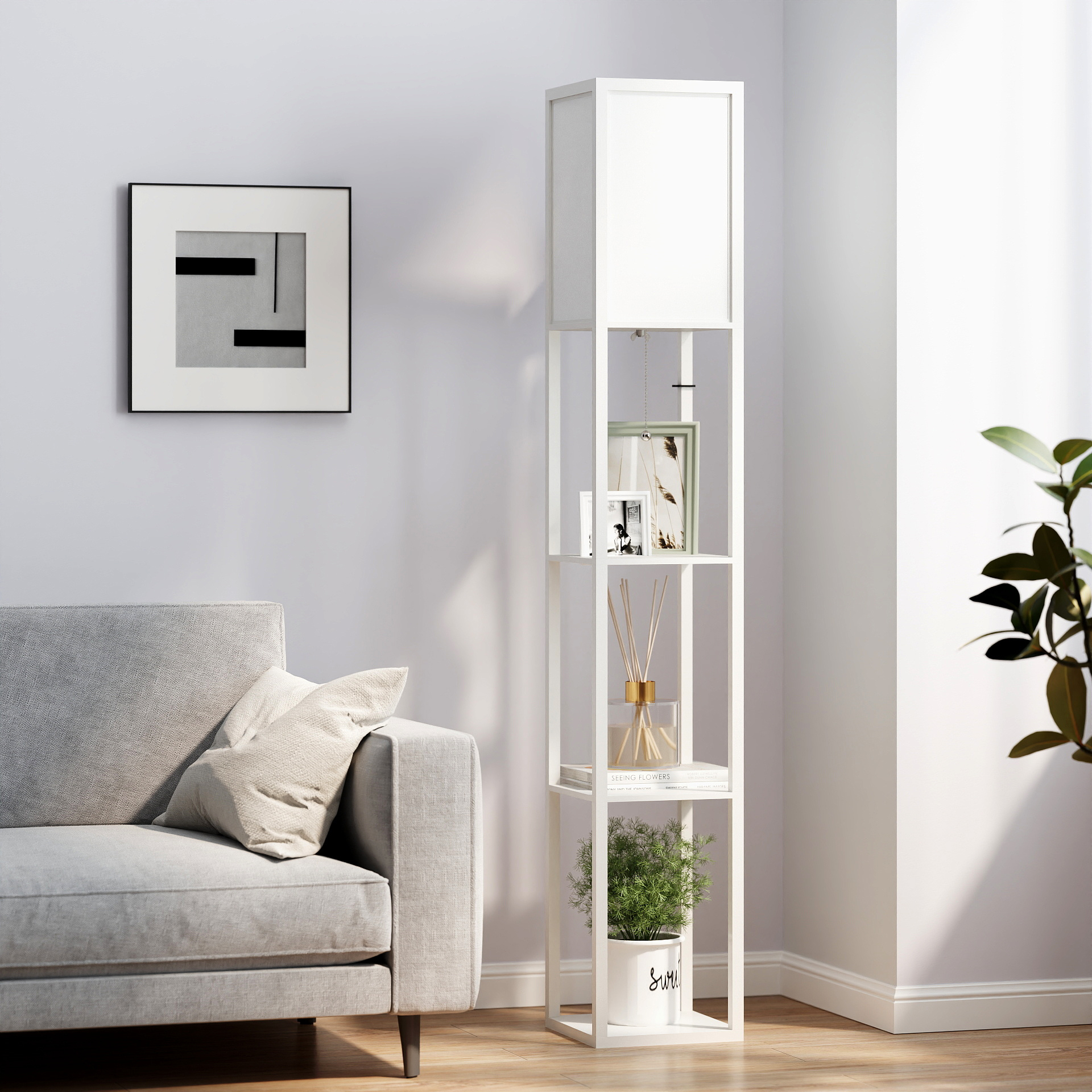 Pastatoma lempa su lentynomis, balta, MDF, 26 x 26 x 160 cm - Image 2