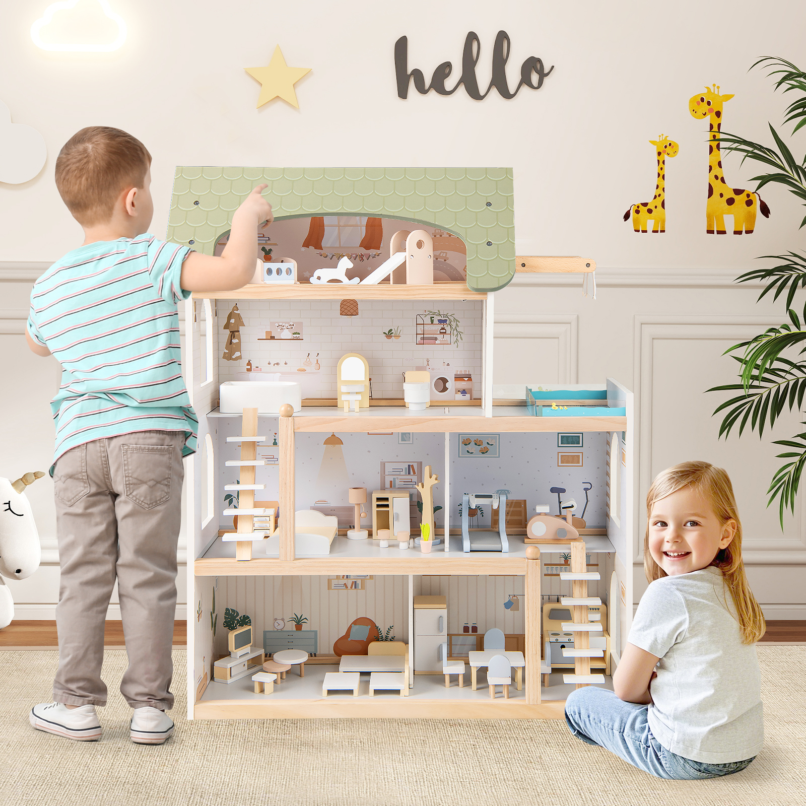 Koka leļļu māja bērniem DIY spēļu māja ar 33 mēbeļu aksesuāriem, zaļa - Image 2