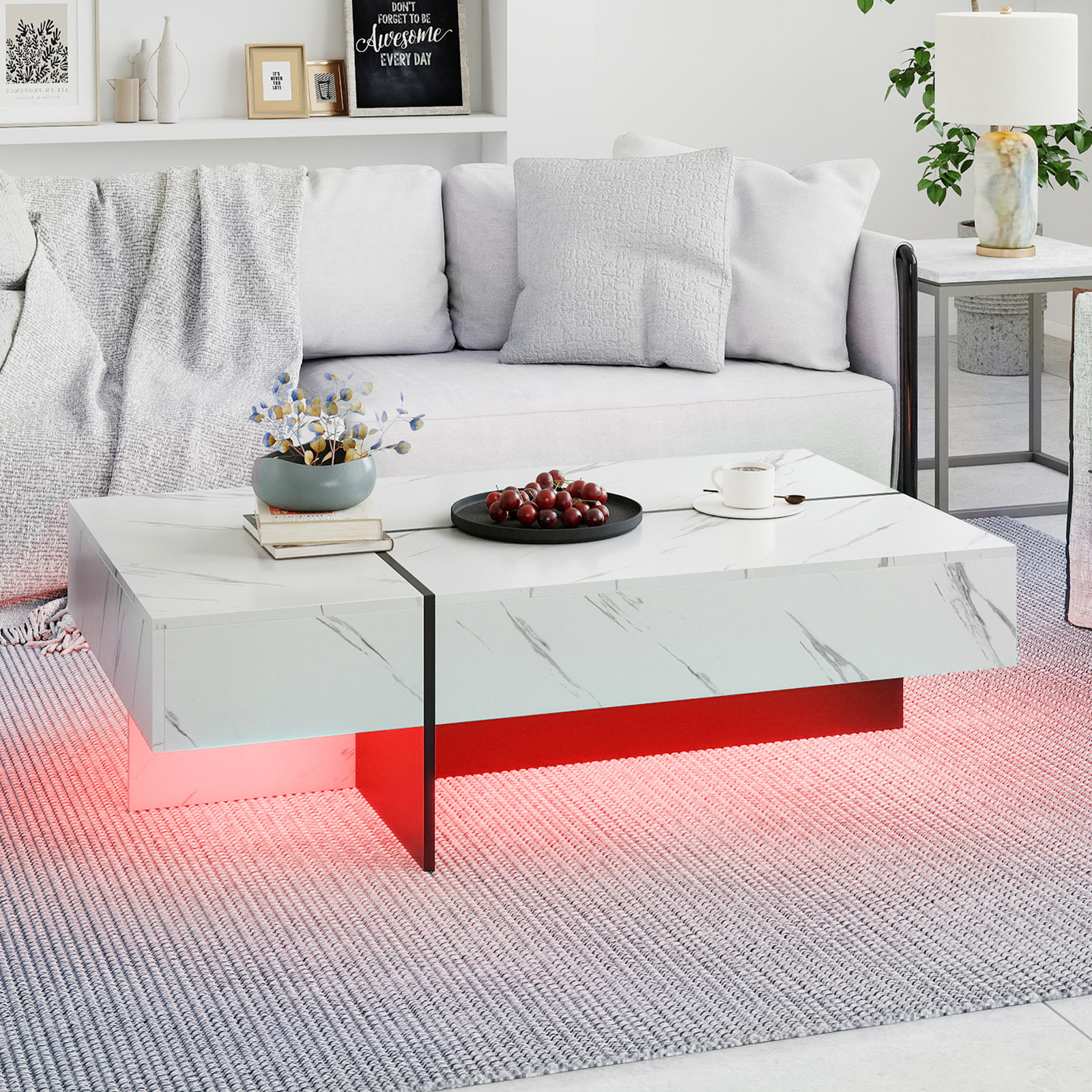 Kahvipöytä LED-valolla, 3 laatikkoa, valkoinen - Image 2
