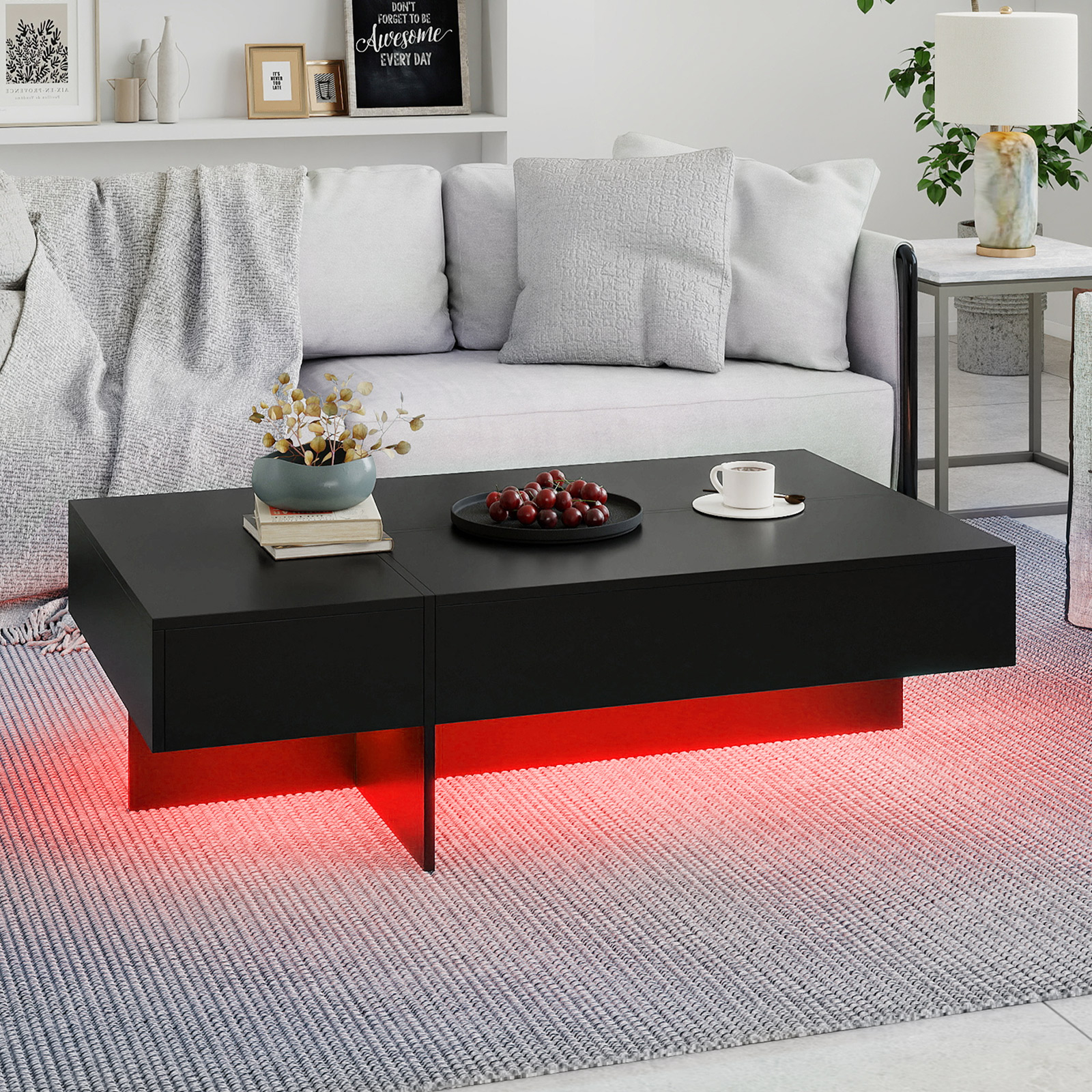Kavos staliukas su LED apšvietimu, 3 stalčiais, juodas spalvos - Image 2