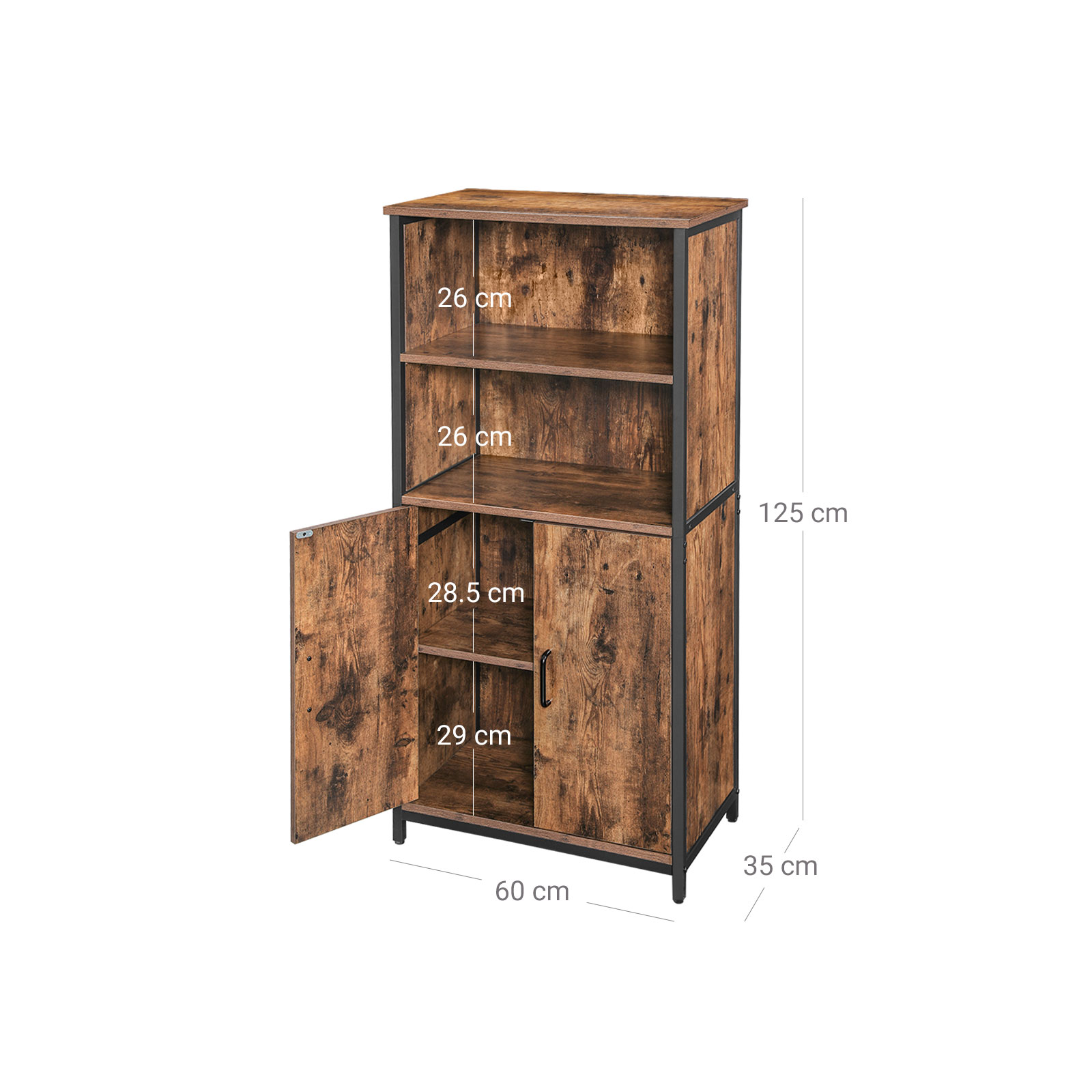 Daiktų laikymo spintelė su 2 atviromis lentynomis, 60 x 35 x 125 cm, ruda/juoda - Image 8