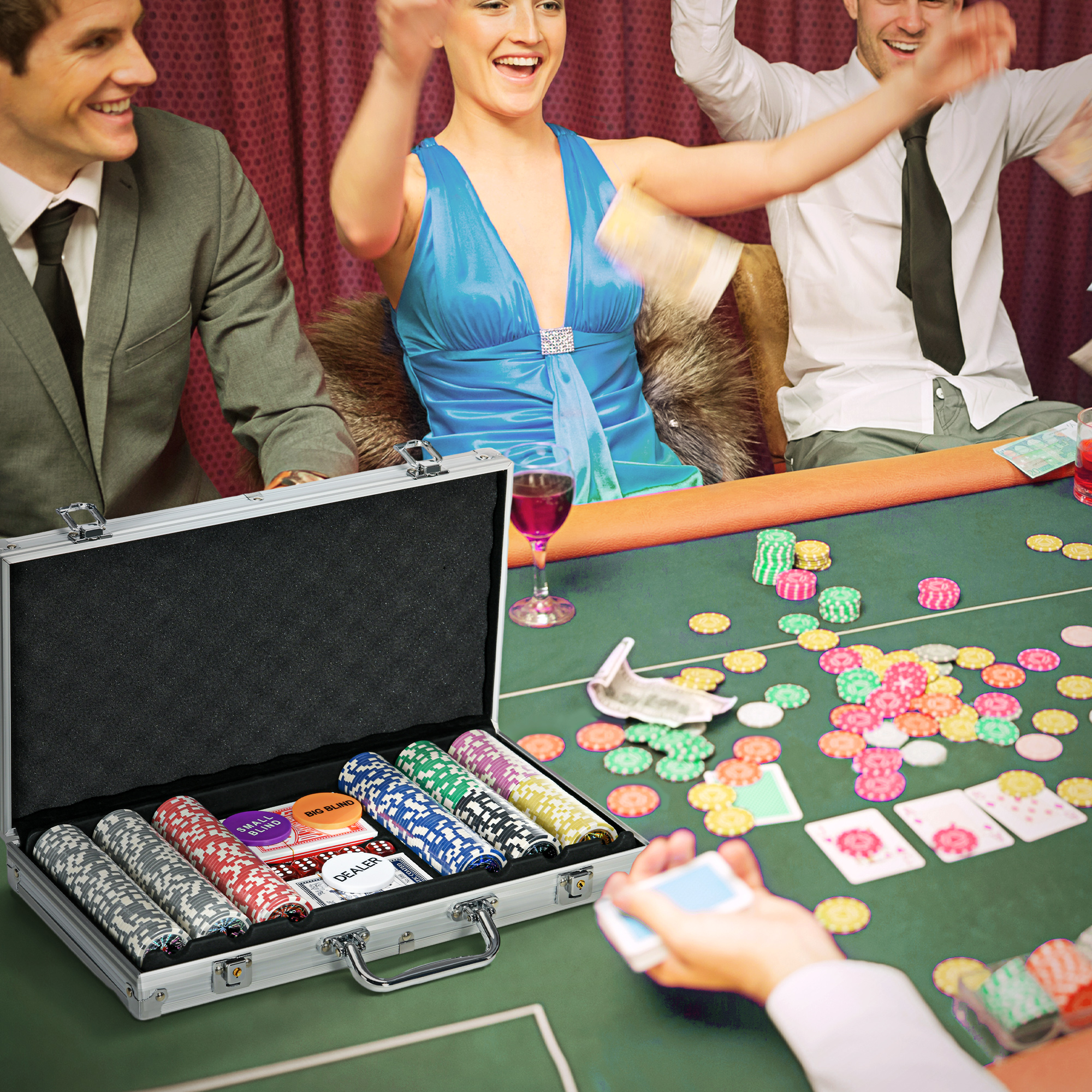 Pokerisetti 300 pelimerkkiä, 2 korttipakkaa, 5 noppaa, hopea - Image 2