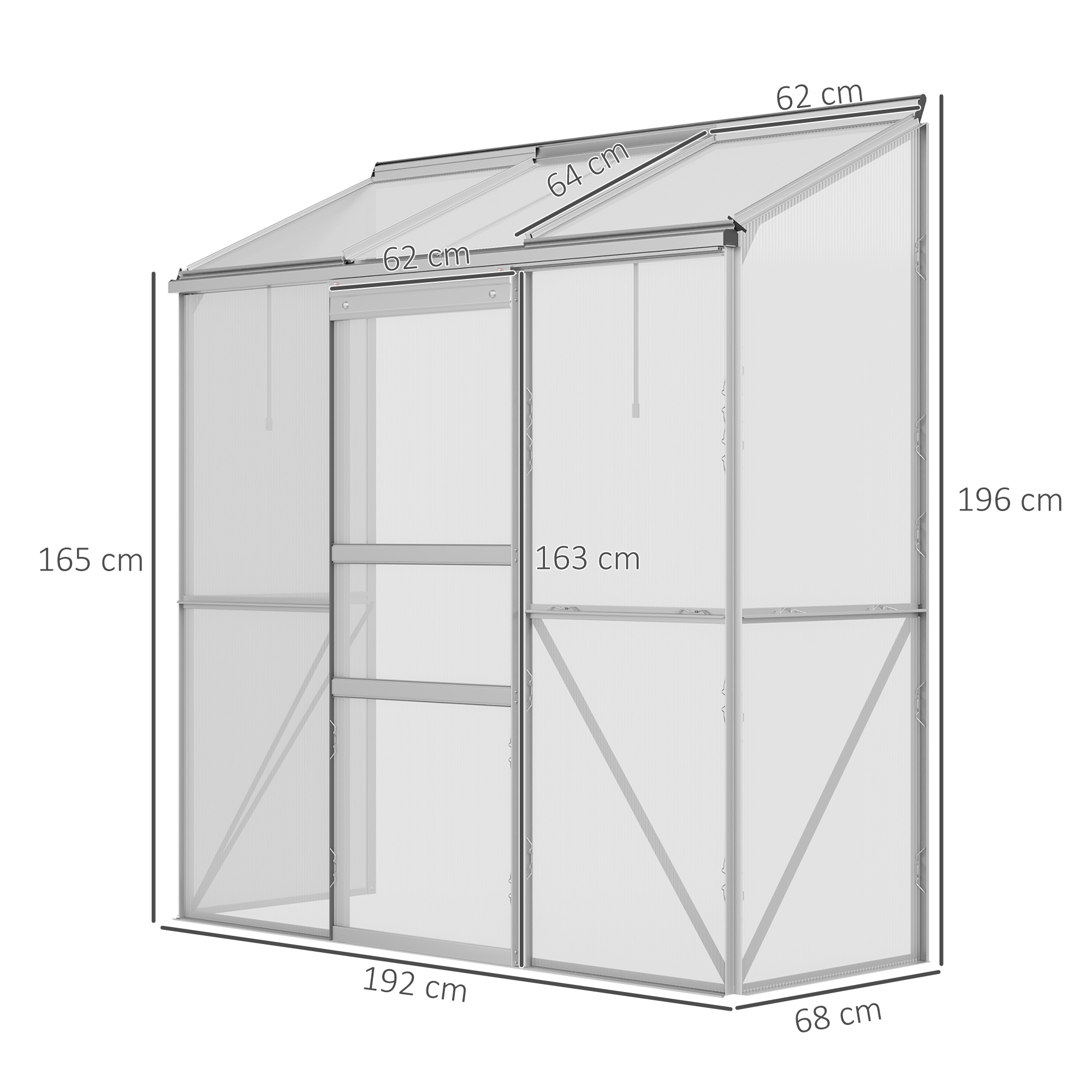 Prie sienos statomas šiltnamis su stumdomomis durimis ir stogo langais, aliuminis ir polikarbonatas, sidabrinis, 192 x 68 x 196 cm - Image 3