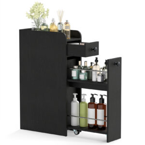 Kapea kylpyhuonekaappi liukuvalla laatikolla musta