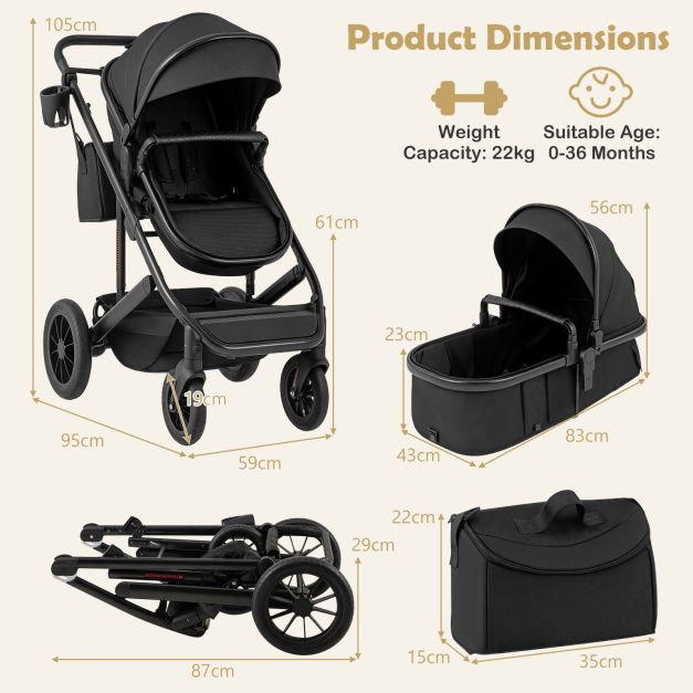 3-in-1 saliekams bērnu ratiņš, melns - Image 3