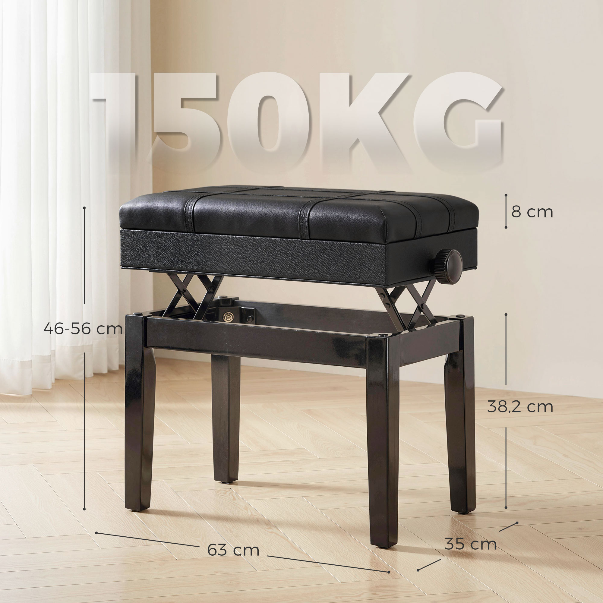 Pianopenkki piilotetulla säilytystilalla, säädettävä korkeus, musta, 63 x 35 x 46-56 cm - Image 3