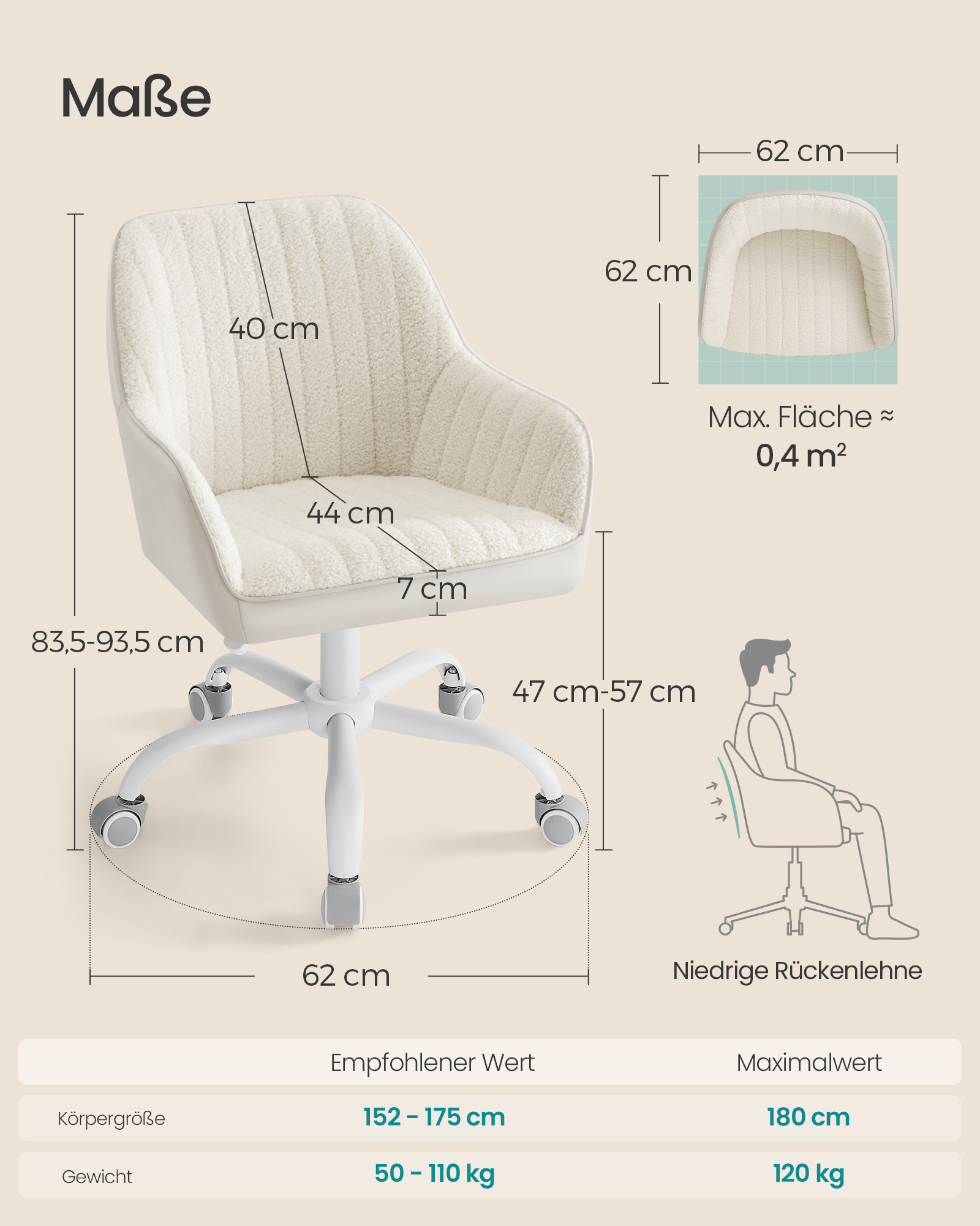 Biuro kėdė su paminkštinimu, reguliuojamo aukščio, cappuccino smėlio ir balkšvos spalvos, 62 x 62 x 83,5-93,5 cm - Image 8