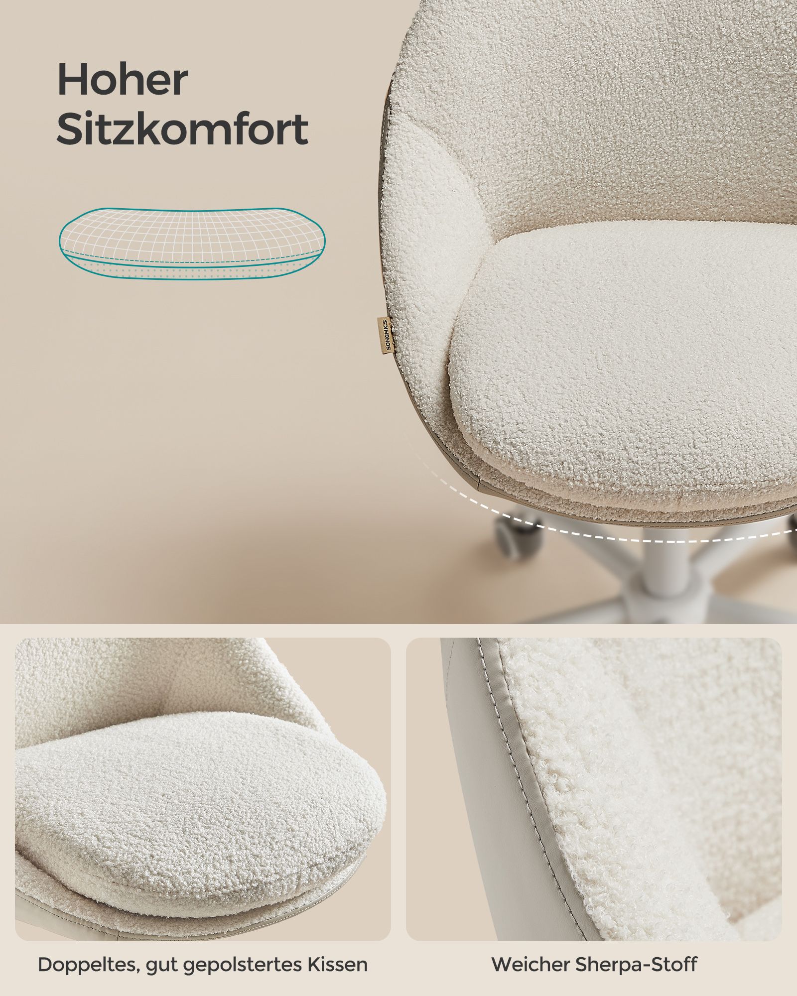 Kotitoimistotuoli cappuccino-beige ja luonnonvalkoinen, 56 x 60 x 83,3–93,3 cm - Image 5