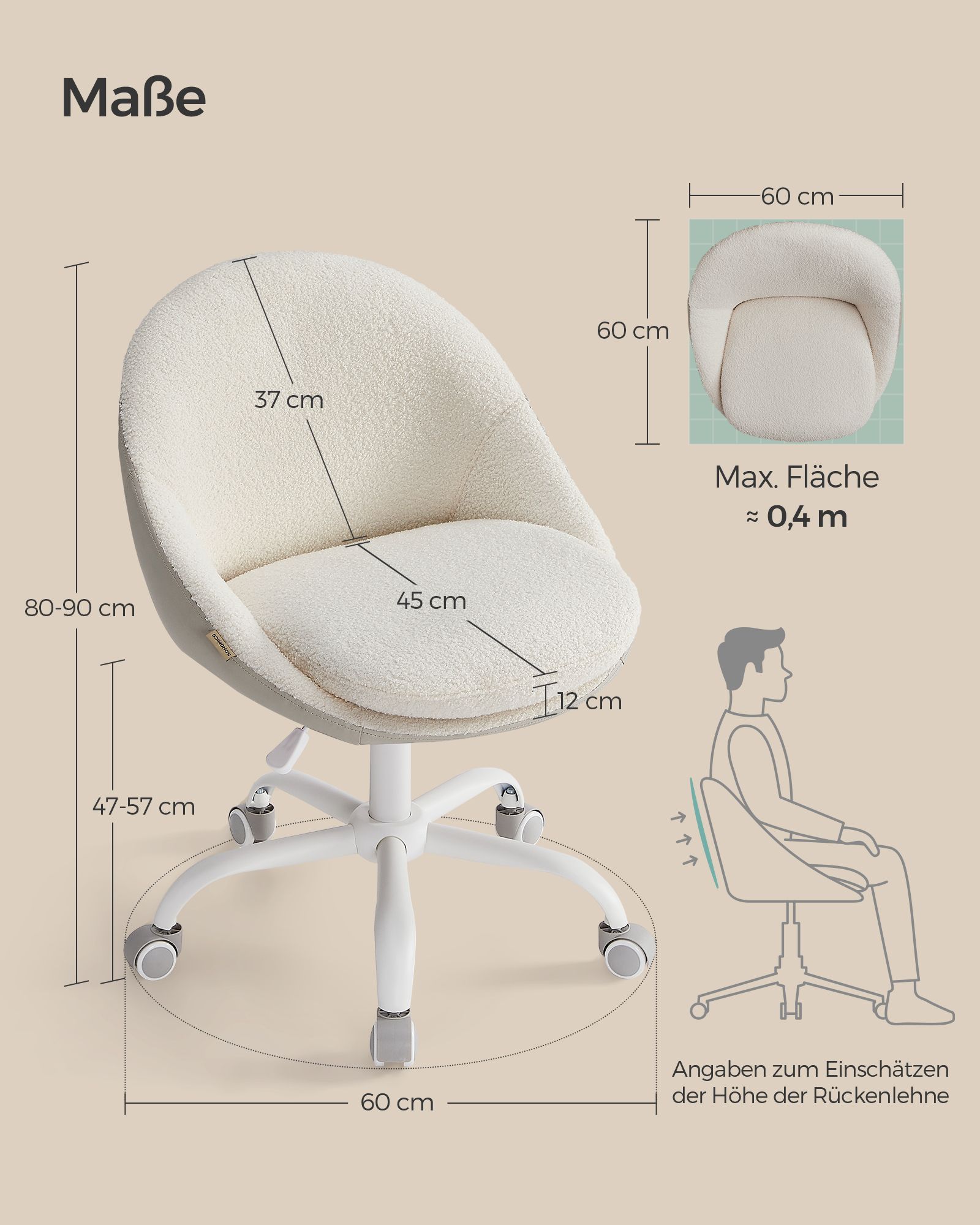 Kotitoimistotuoli cappuccino-beige ja luonnonvalkoinen, 56 x 60 x 83,3–93,3 cm - Image 8