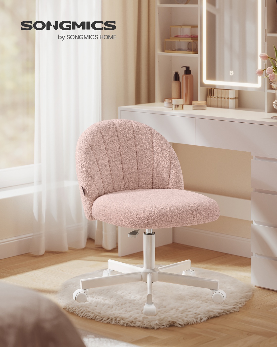 Biroja krēsls ar flīsa apdari, pasteļrozā, regulējams augstums, 60 x 60 x 73–88 cm - Image 2