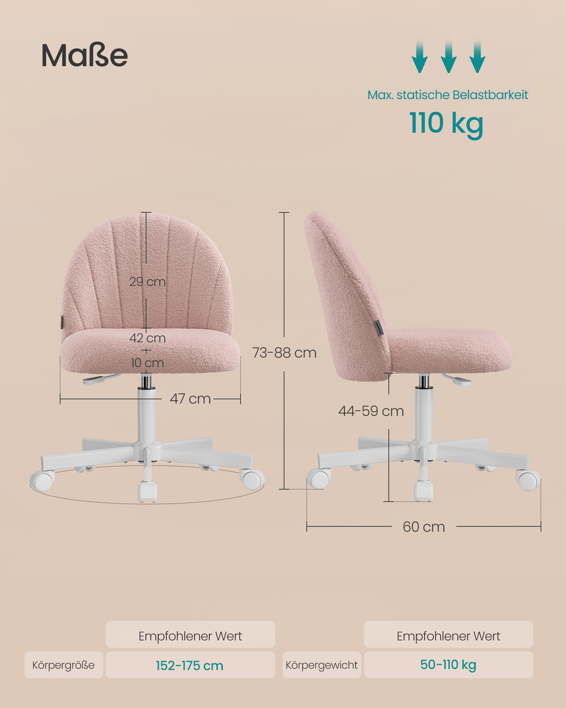 Biroja krēsls ar flīsa apdari, pasteļrozā, regulējams augstums, 60 x 60 x 73–88 cm - Image 8