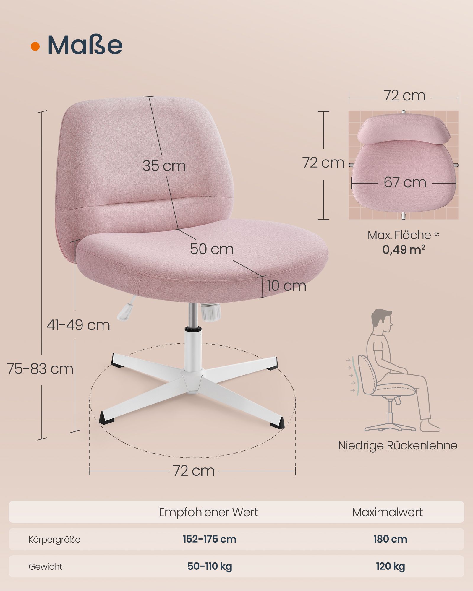 Biuro kėdė su plačia sėdyne, kryžminiu pagrindu, reguliuojamo aukščio, pastelinė rožinė - Image 6