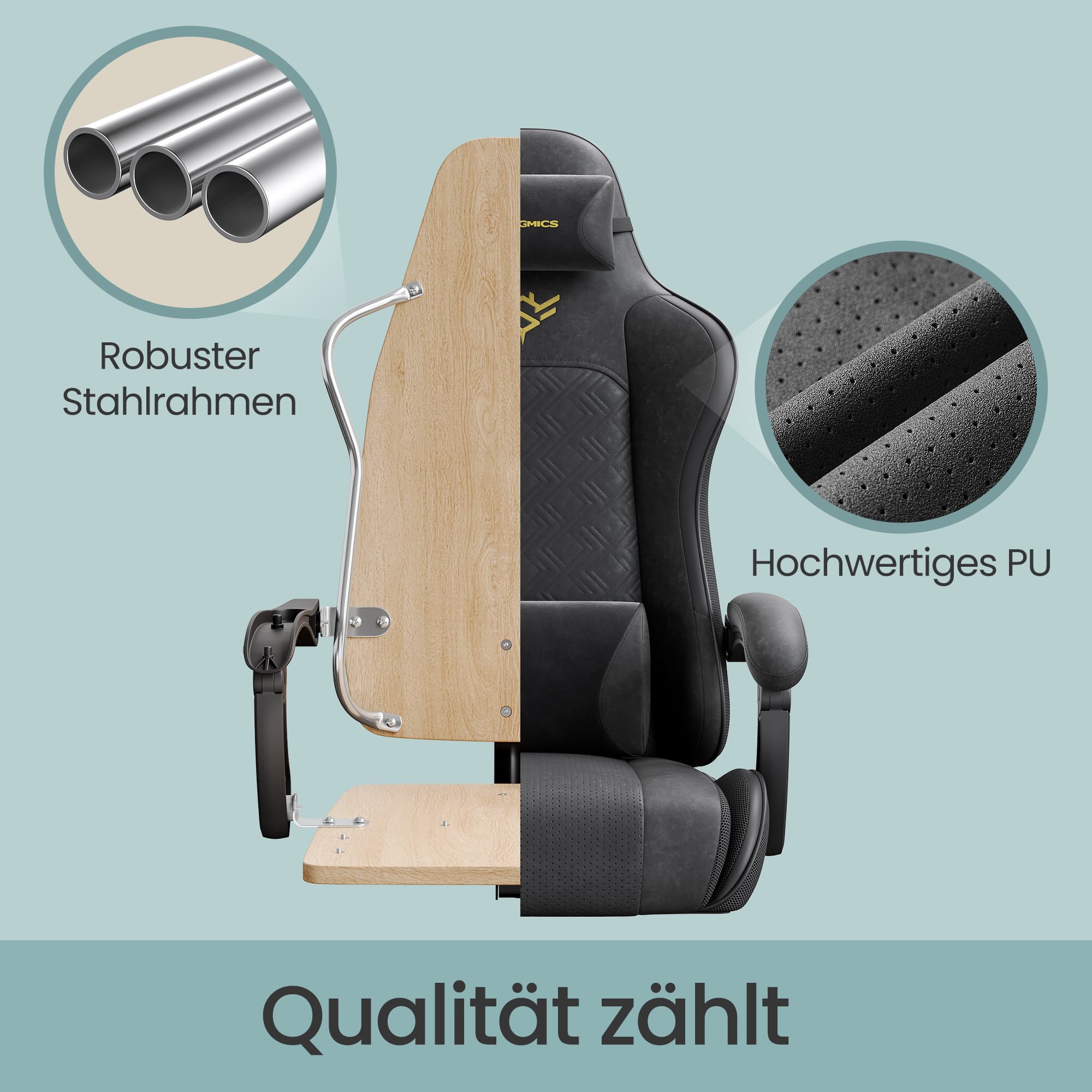 Pelituoli jalkatuella, musta, 70 x 70 x 123,5–133 cm, enintään 150 kg - Image 4