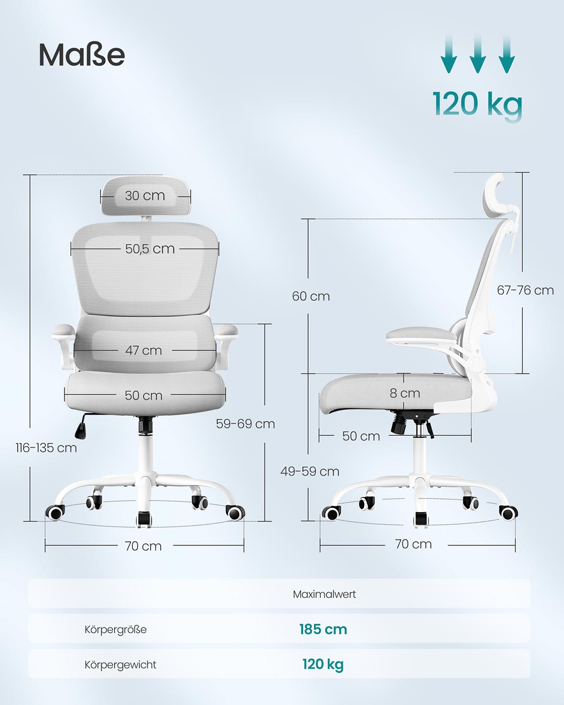 Toimistotuoli verkkokankaalla, harmaa, 64 x 71,5 x 116–135 cm, kääntyvät käsinojat - Image 7