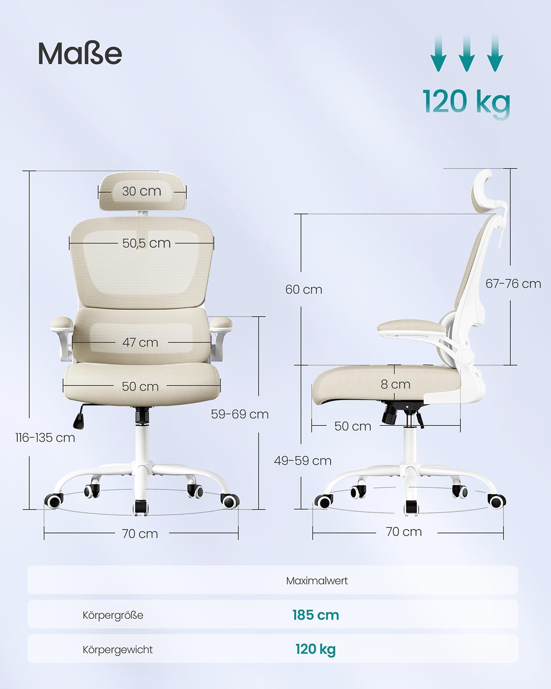 Toimistotuoli verkkokankaalla, beige, 64 x 71,5 x 116–135 cm - Image 7