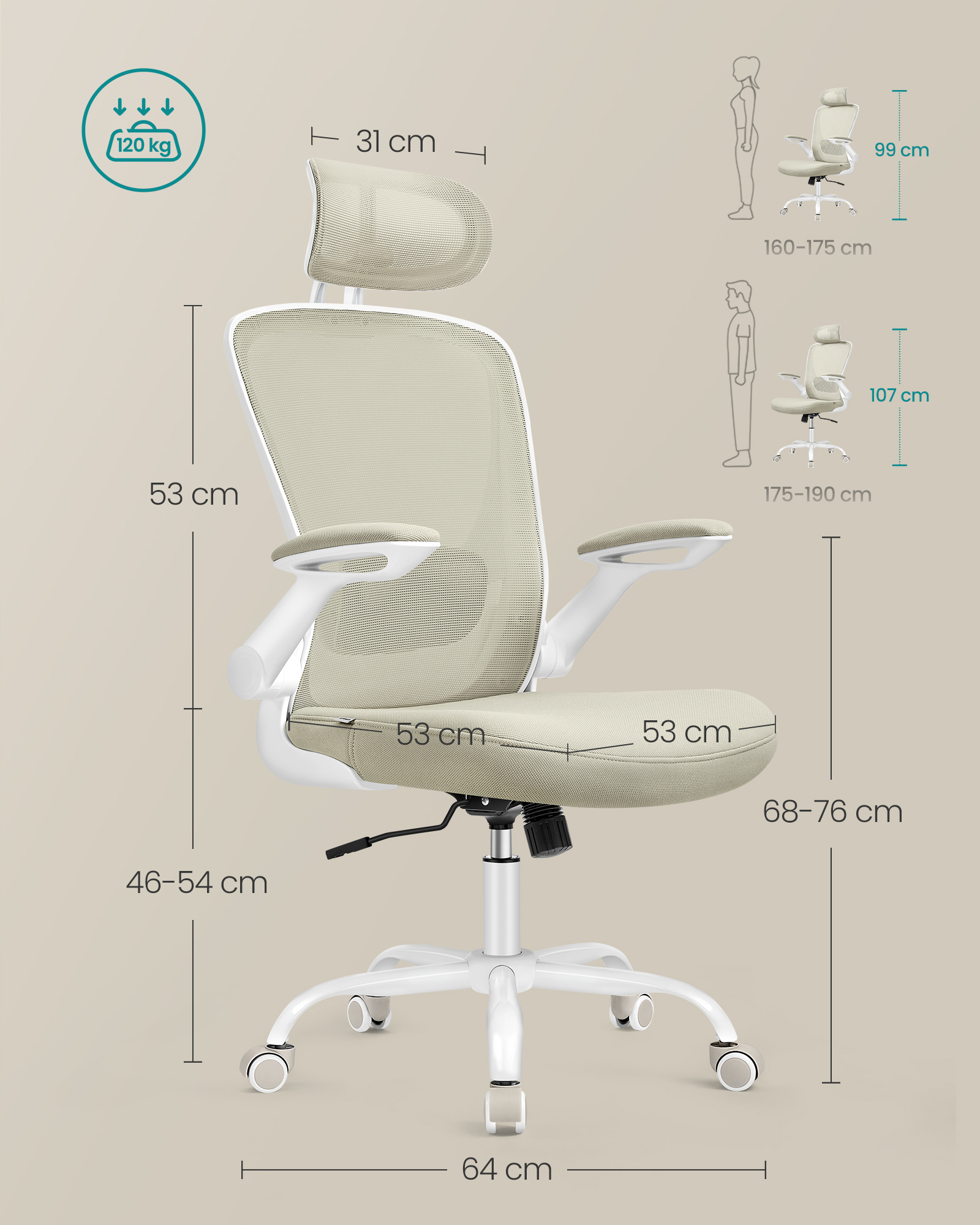 Työtuoli verkkoselkänojalla, cappuccinonbeige, 64 x 64 x 115-130 cm - Image 6