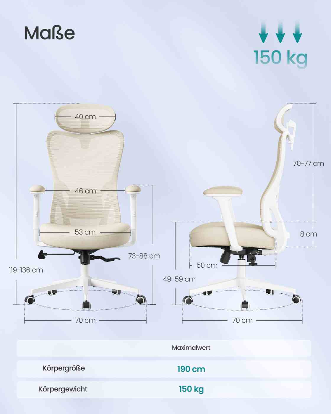 Ergonominė biuro kėdė, smėlio spalvos, reguliuojama galvos ir juosmens atrama, 70 x 70 x 119–136 cm - Image 3