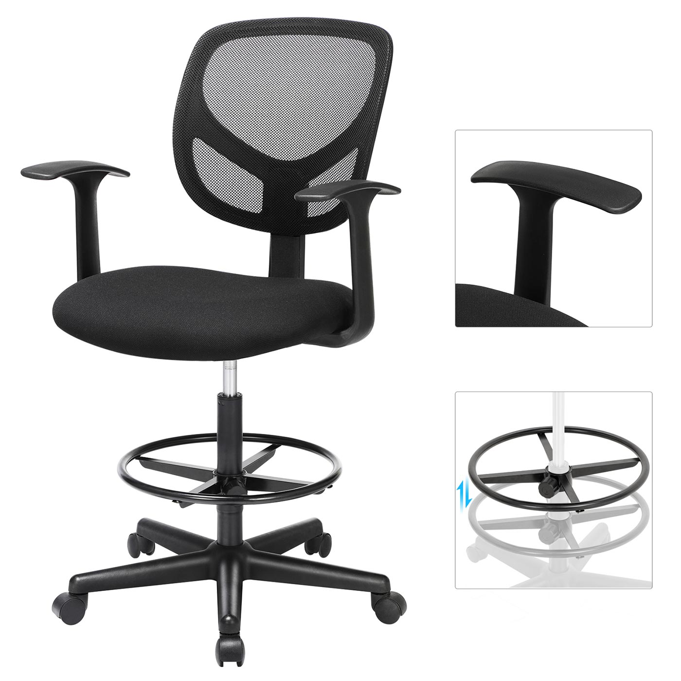 Toimistojakkara käsinojilla ja verkkoselkänojalla, musta, istuinkorkeus 51,5-71,5 cm - Image 5