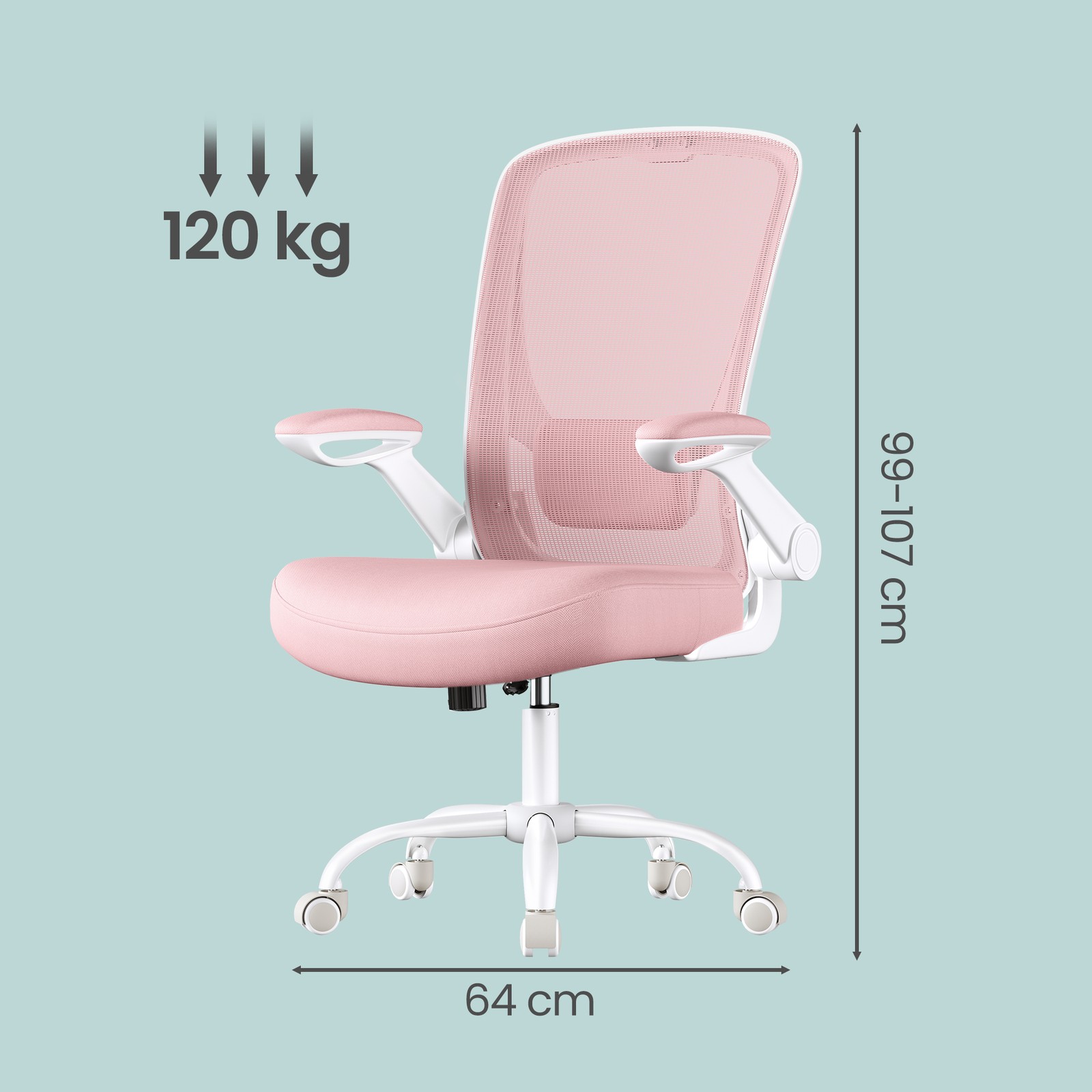 Biuro kėdė su tinkliniu atlošu, rožinė, 60 x 64 x 103-110 cm, iki 120 kg - Image 8