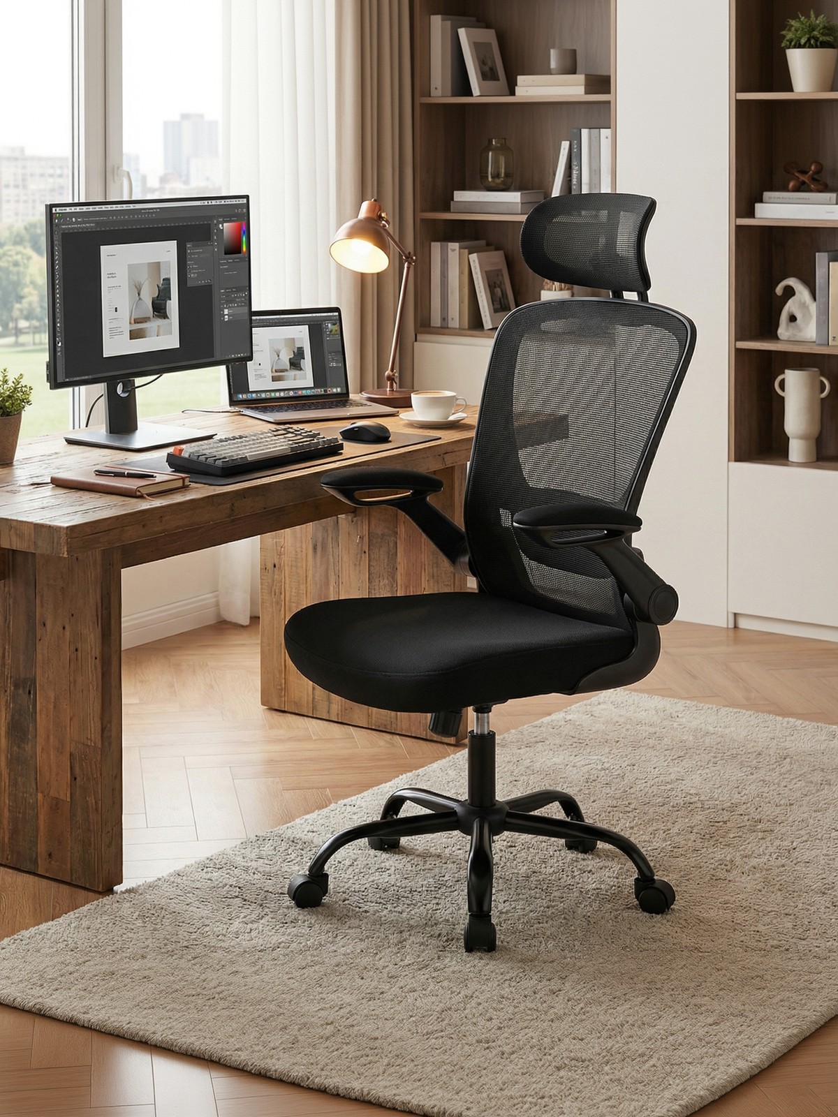 Ergonominė biuro kėdė su tinkline atrama, supimo funkcija, juoda, 62 x 62,4 x 120,4 cm - Image 2