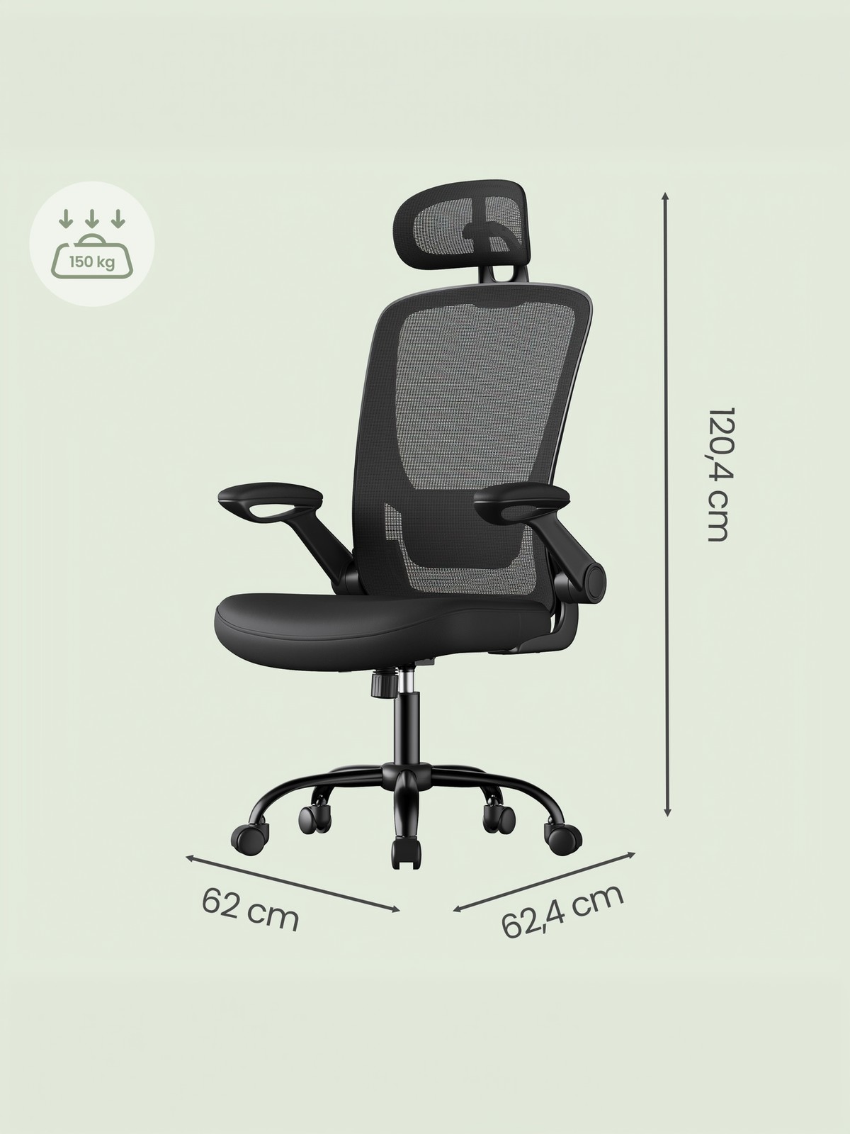 Ergonominė biuro kėdė su tinkline atrama, supimo funkcija, juoda, 62 x 62,4 x 120,4 cm - Image 3
