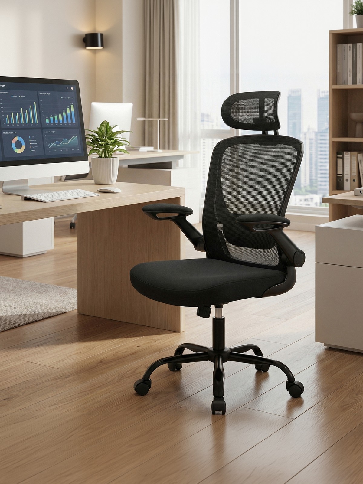 Ergonominė biuro kėdė su tinkline atrama, supimo funkcija, juoda, 62 x 62,4 x 120,4 cm - Image 4