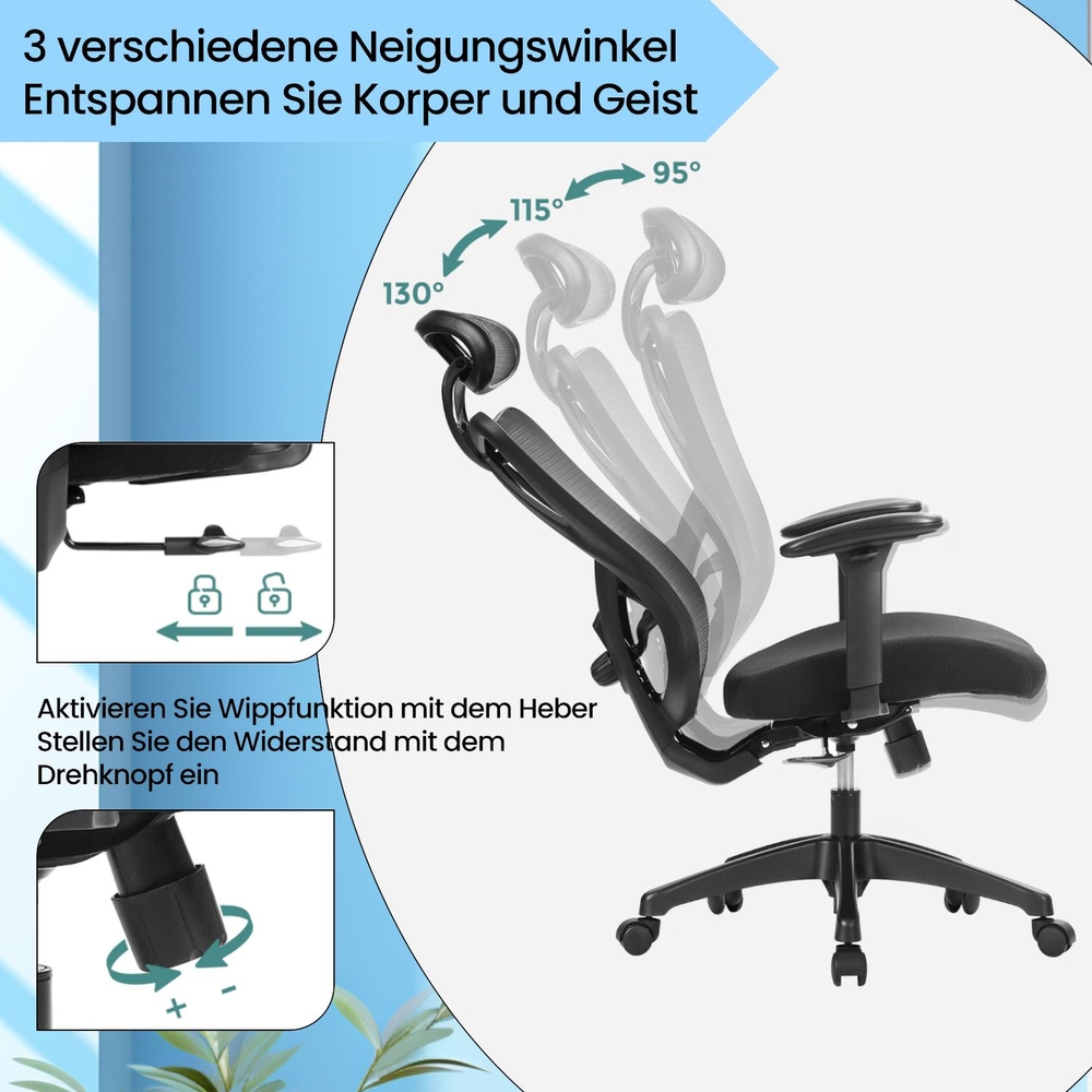 Biroja krēsls ar tīklveida atzveltni, melns, regulējams galvas un jostas balsts, 150 kg - Image 5