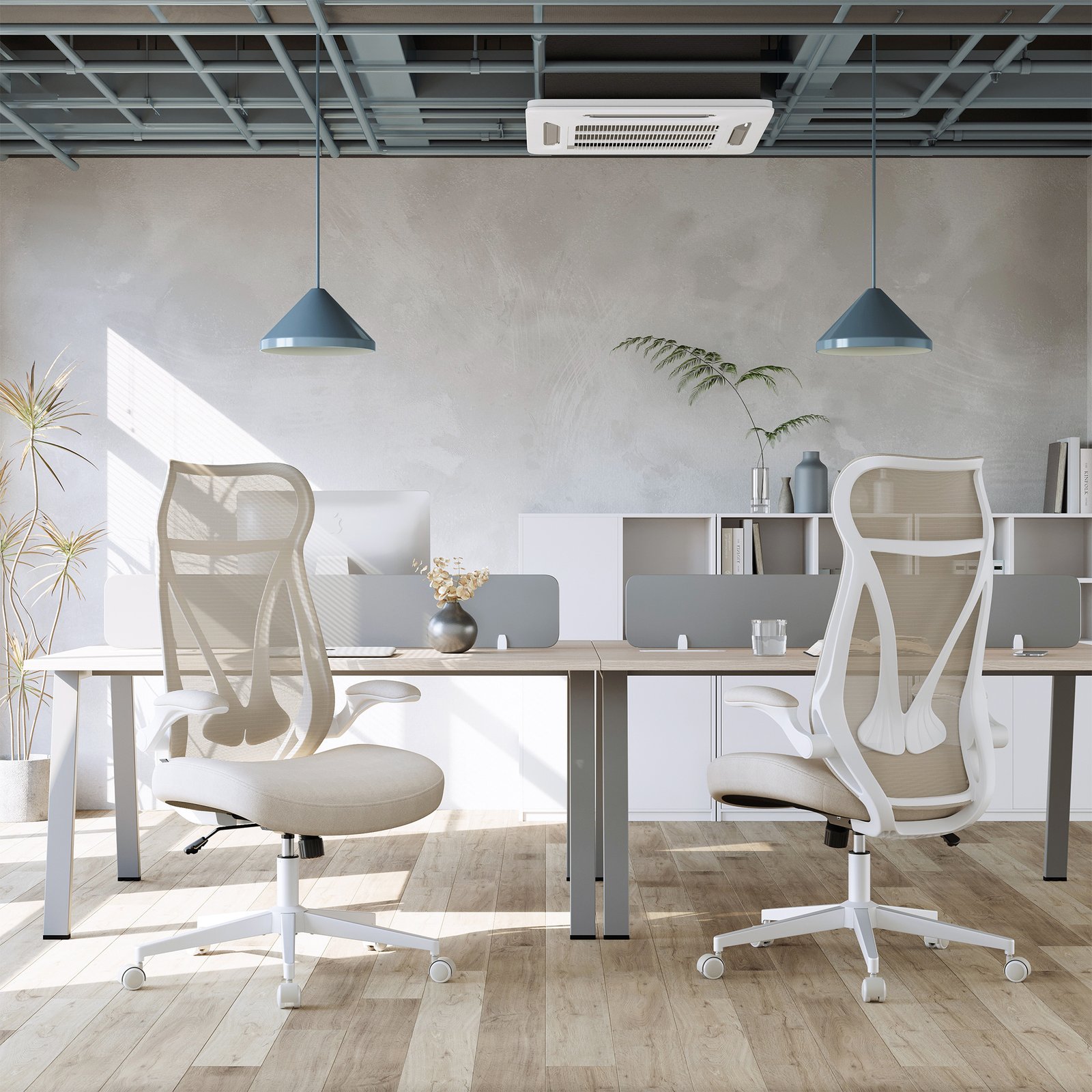 Toimistotuoli niskatuella ja nostettavilla käsinojilla, beige, 67 x 67 x 125 cm - Image 4
