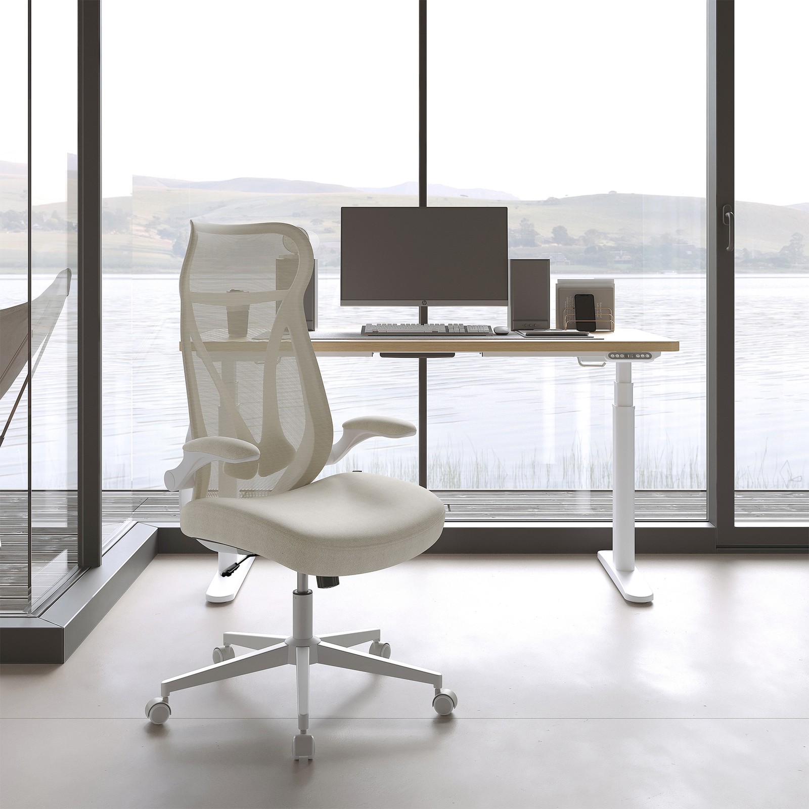 Toimistotuoli niskatuella ja nostettavilla käsinojilla, beige, 67 x 67 x 125 cm - Image 5