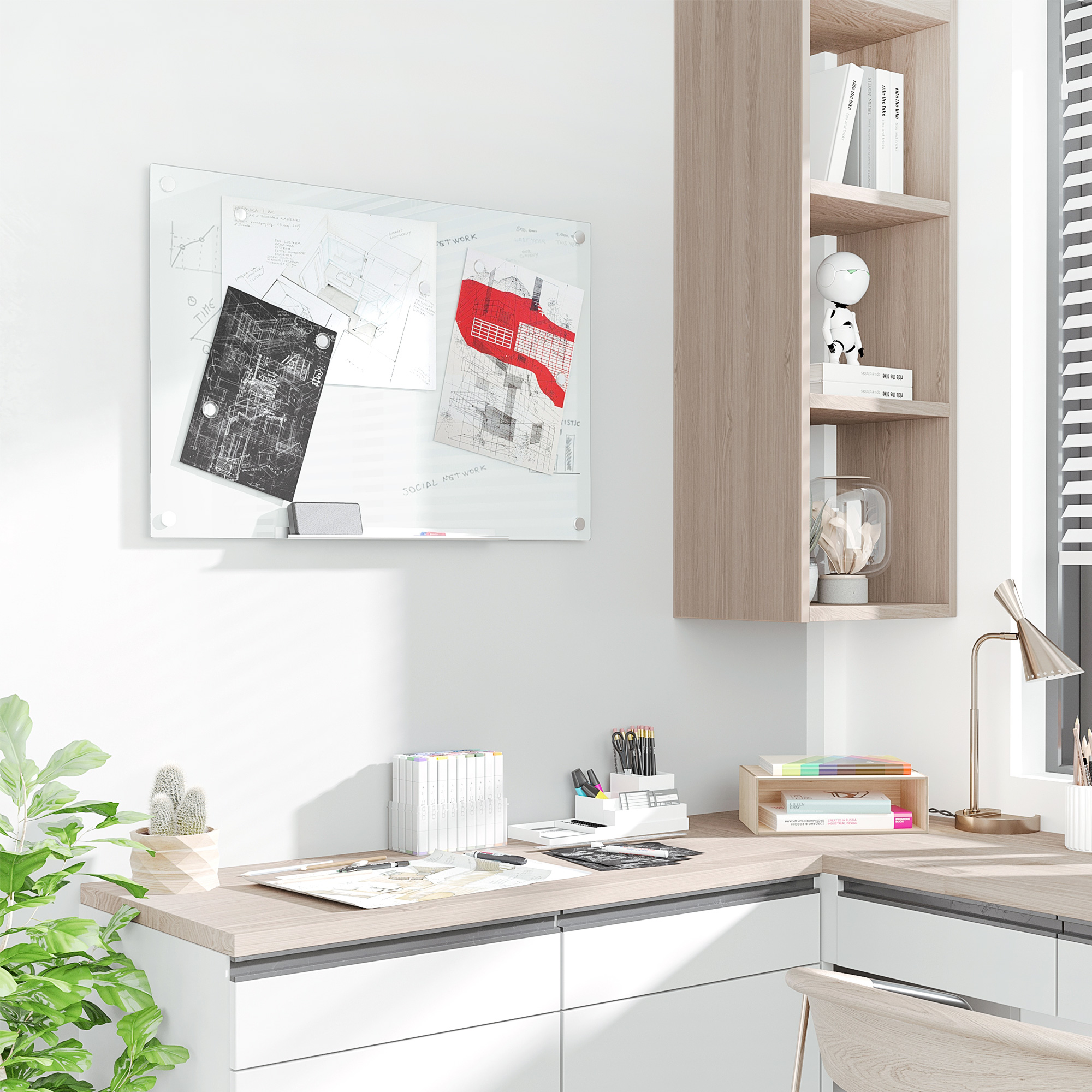 Stikla tāfele, balta, 90 x 60 cm, 4 marķieri, 6 magnēti, 1 sūklis, 1 plauktiņš - Image 2