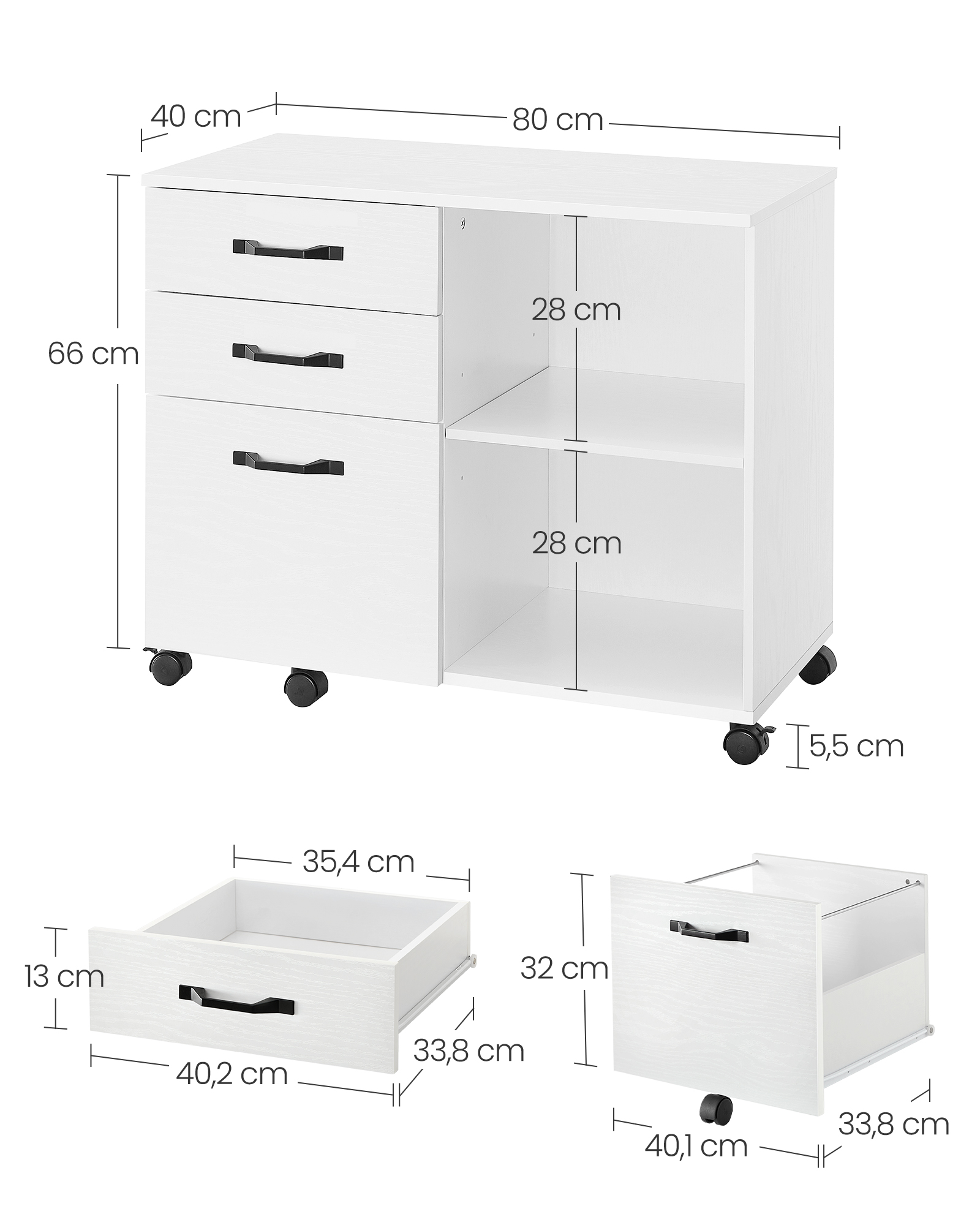 Mobili dokumentų spintelė su 3 stalčiais ir ratukais, balta, 40 x 80 x 66 cm - Image 6