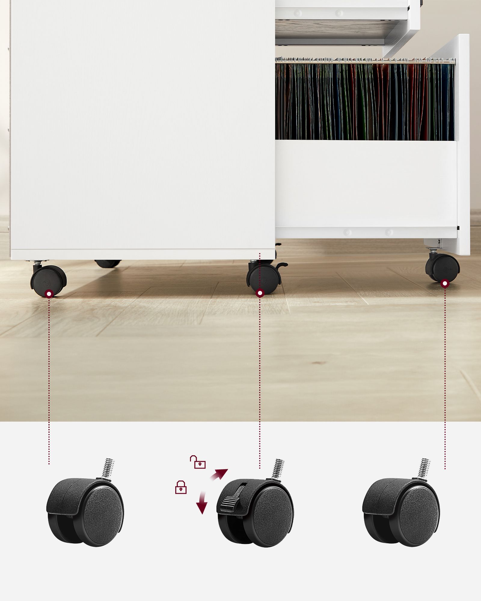 Mobili dokumentų spintelė su 3 stalčiais ir ratukais, balta, 40 x 80 x 66 cm - Image 7