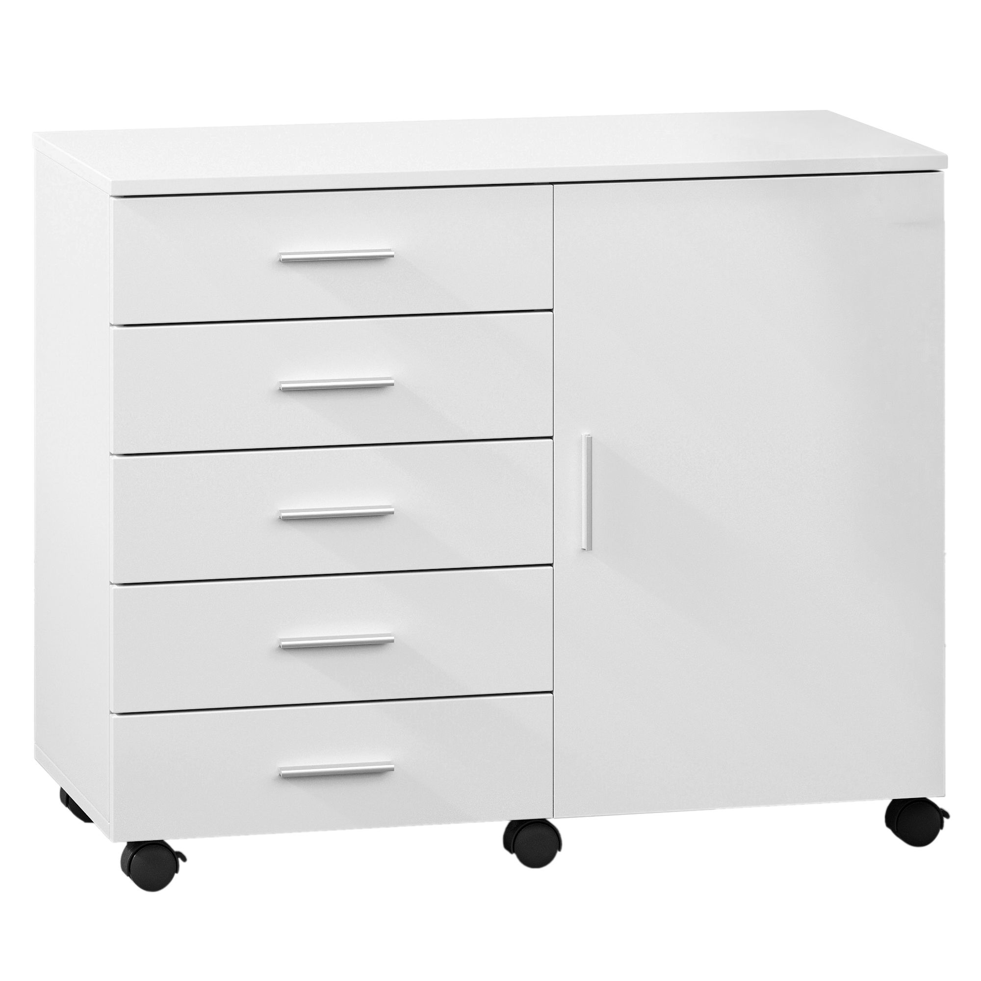 Ratastel dokumendikapp 5 sahtli ja uksega, valge, 40 x 80 x 65 cm