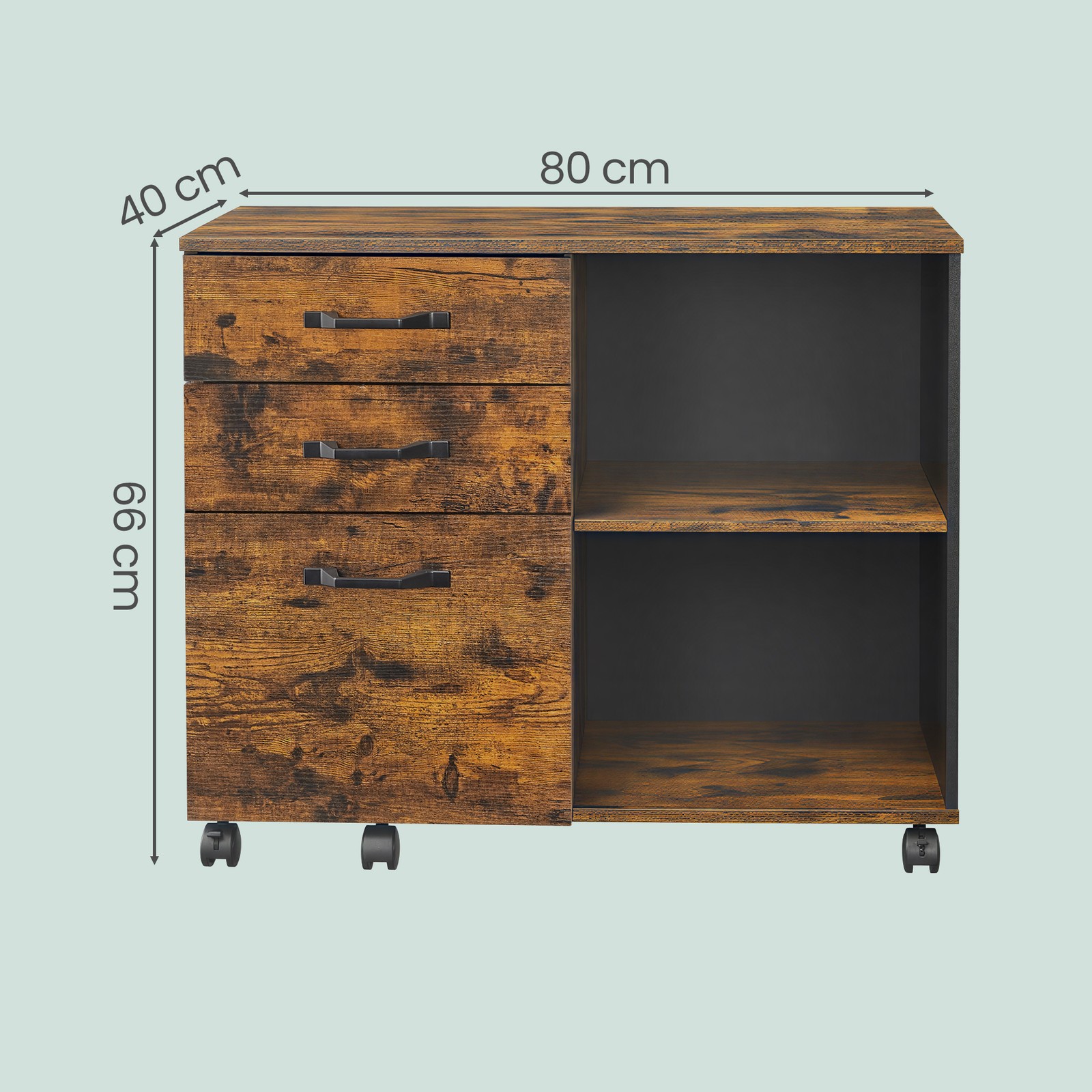 Mobils dokumentu skapis ar 3 atvilktnēm un plauktiem, 80 x 40 x 66 cm, brūns, melns - Image 3