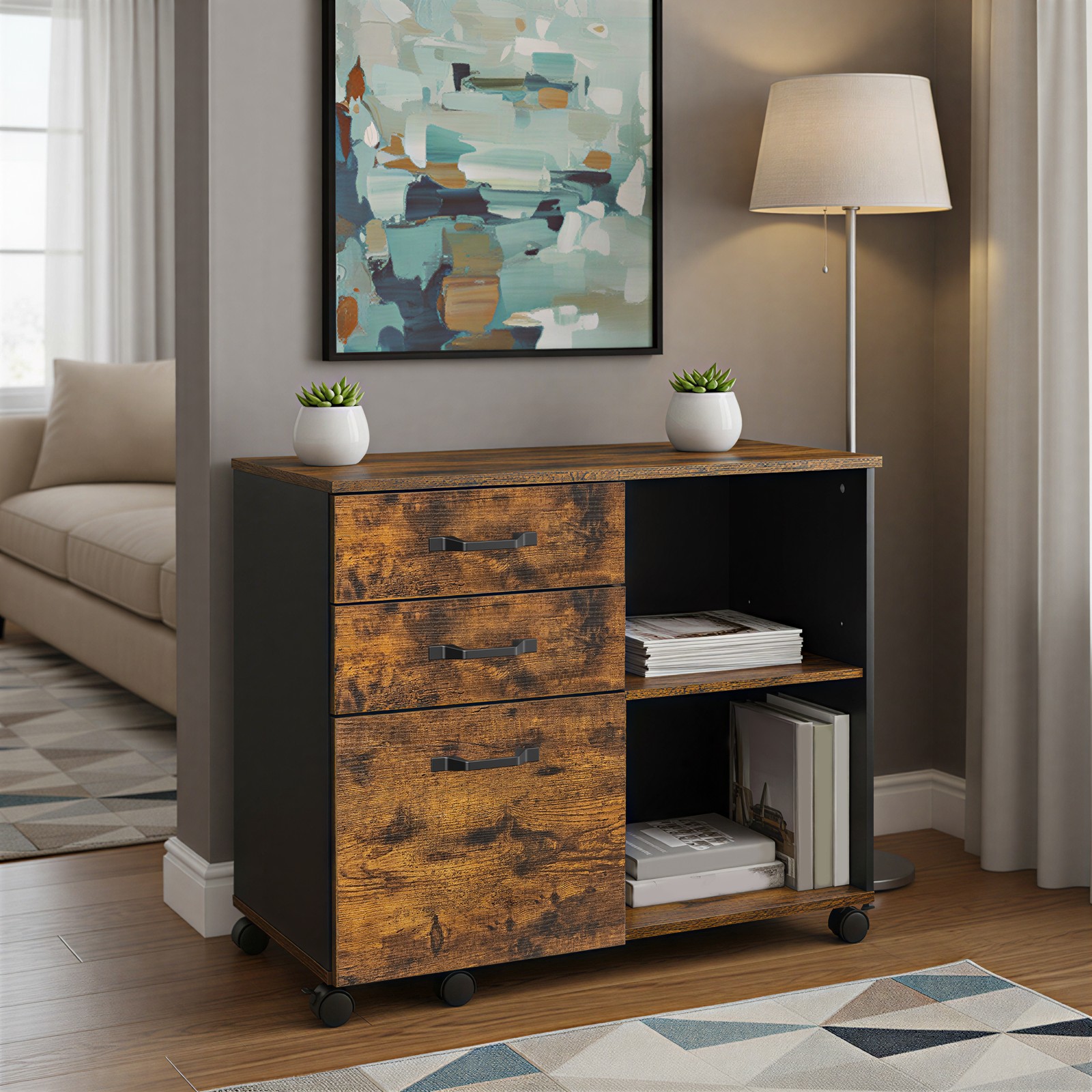 Mobils dokumentu skapis ar 3 atvilktnēm un plauktiem, 80 x 40 x 66 cm, brūns, melns - Image 5