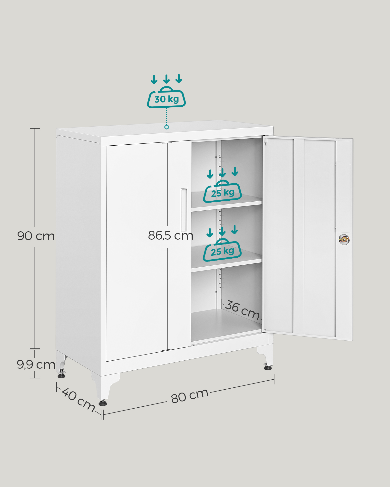 Lukittava toimistokaappi 2 ovella, teräs, mattavalkoinen, 40 x 80 x 90 cm - Image 7