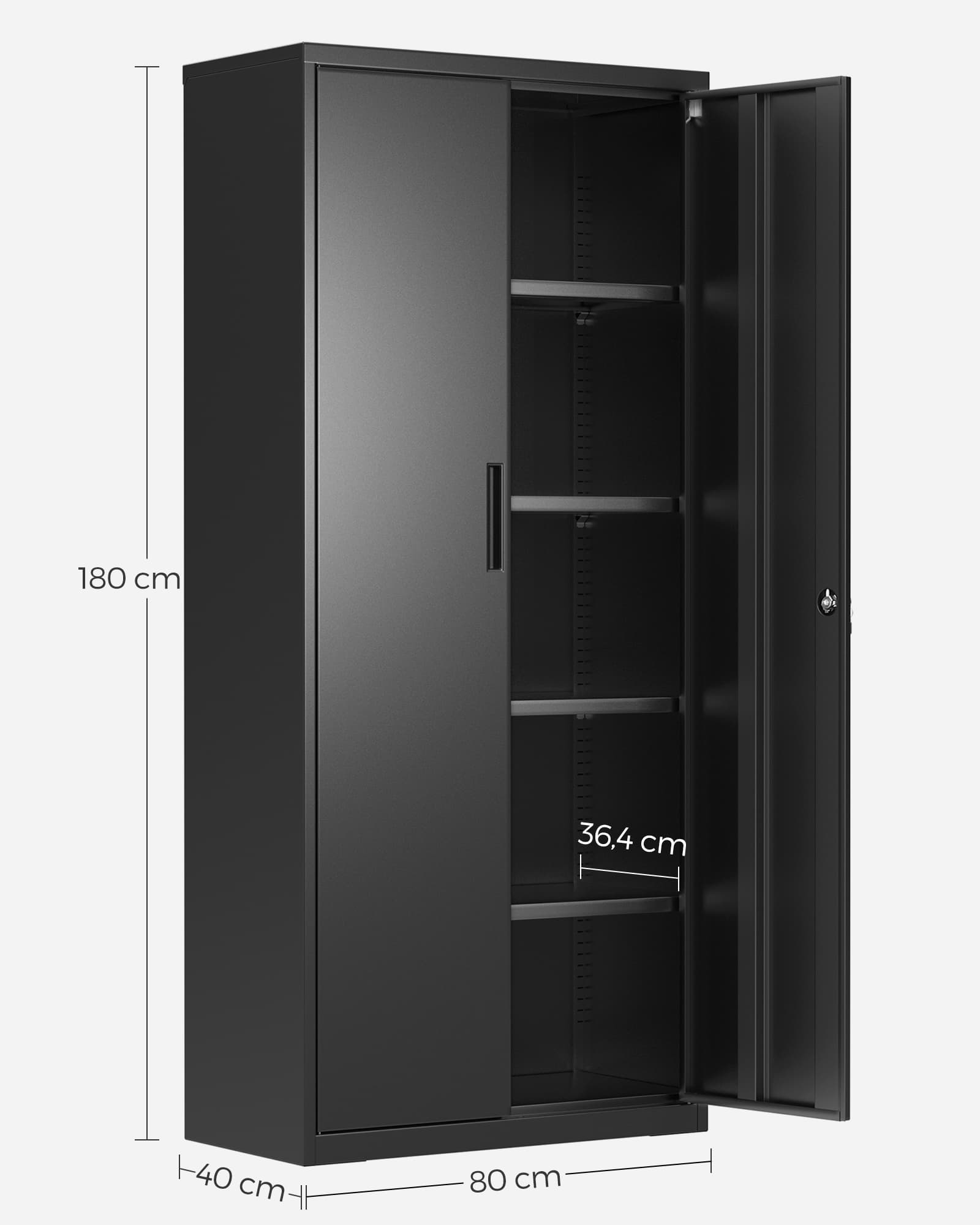 Teräksinen säilytyskaappi 2 ovella, 5 tasoa, 40 x 80 x 180 cm, musta - Image 9