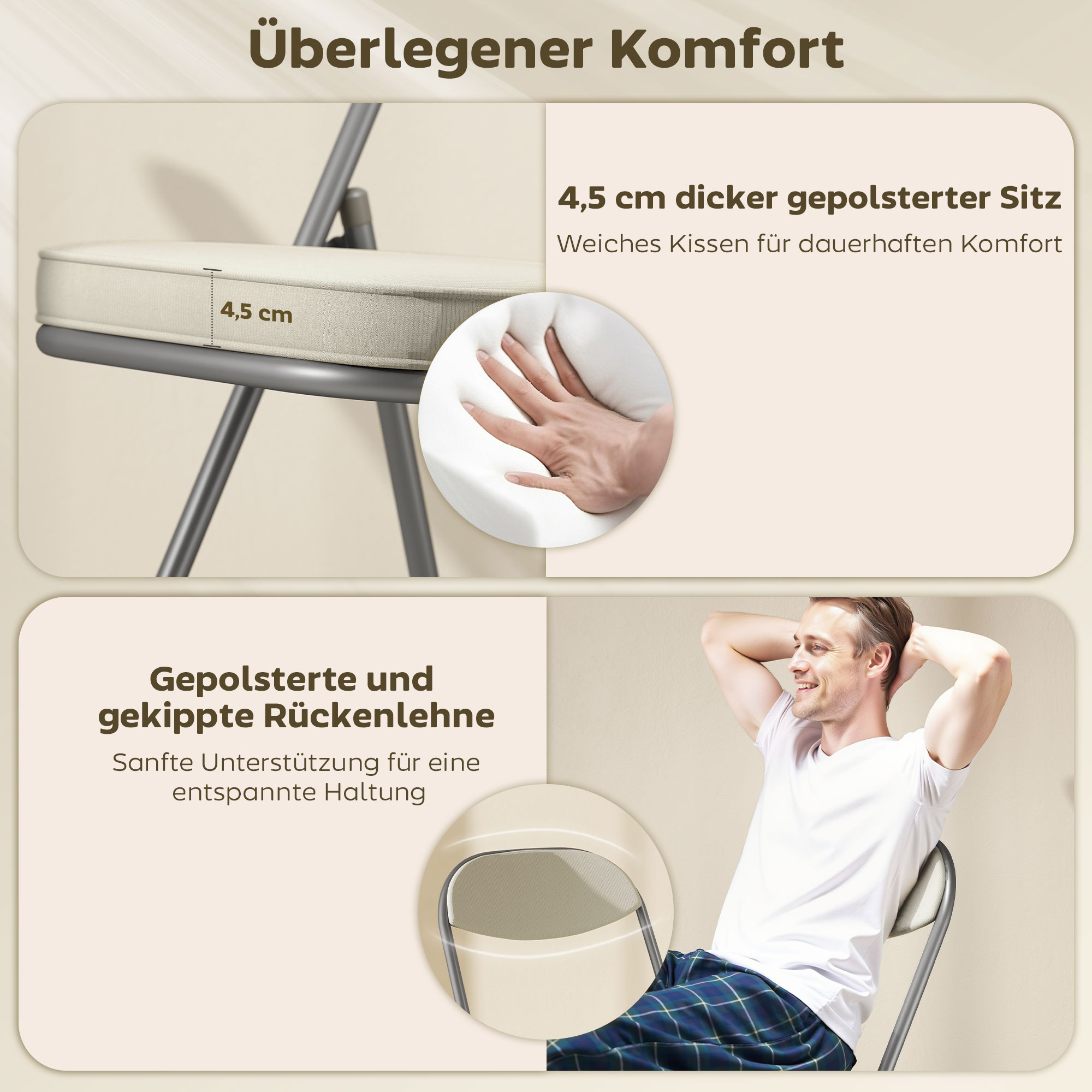 4 gabalu saliekamo krēslu komplekts, polsterēti, kordurojs, krēmīgi balts - Image 4