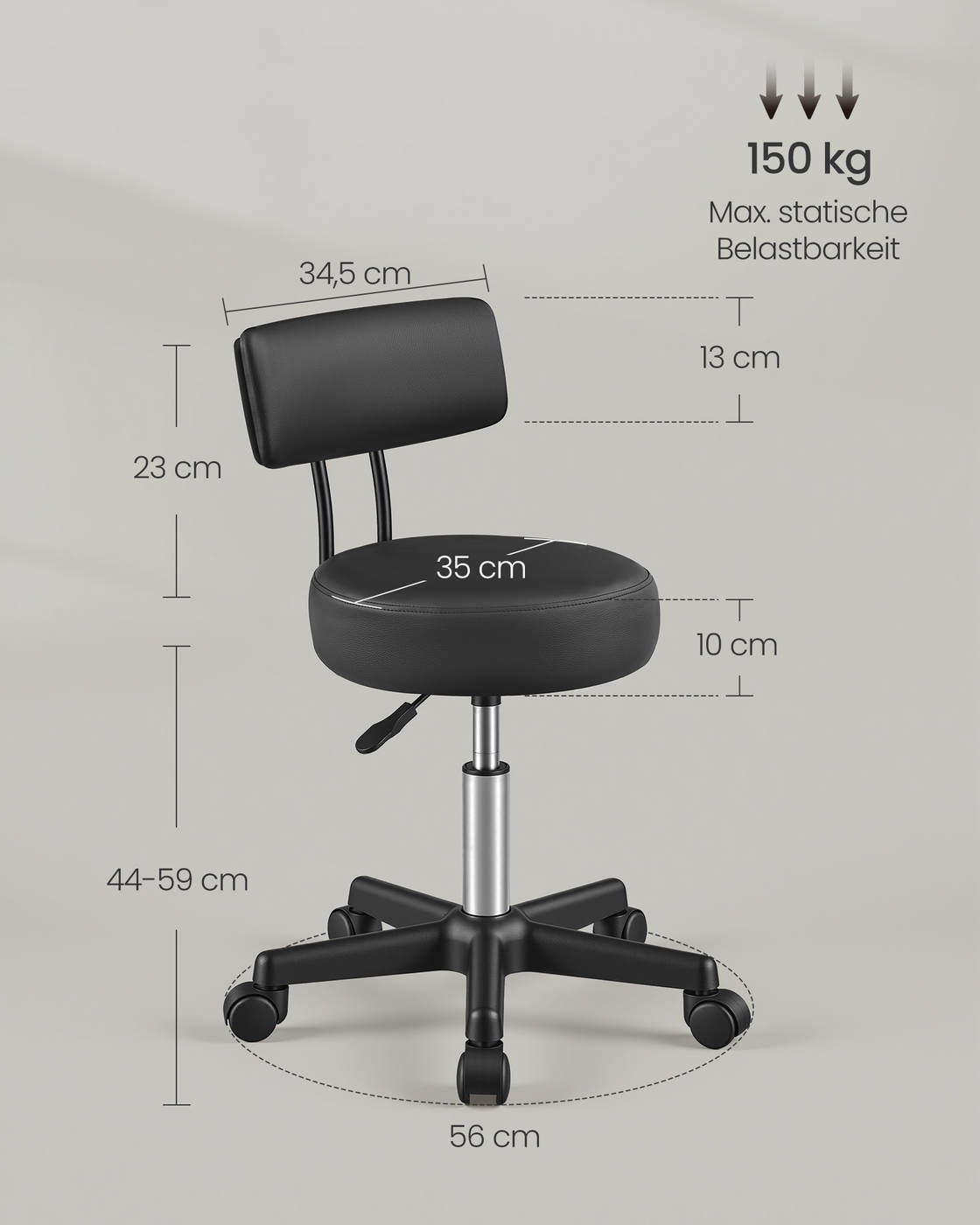 Augstumā regulējams ritošs taburetes krēsls ar atzveltni, melns, PU, līdz 150 kg - Image 3