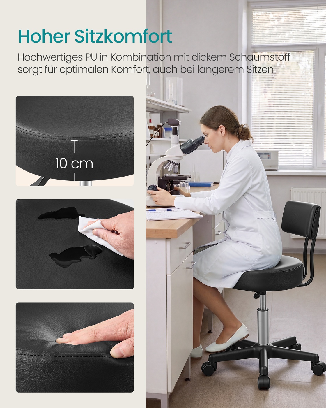 Augstumā regulējams ritošs taburetes krēsls ar atzveltni, melns, PU, līdz 150 kg - Image 4