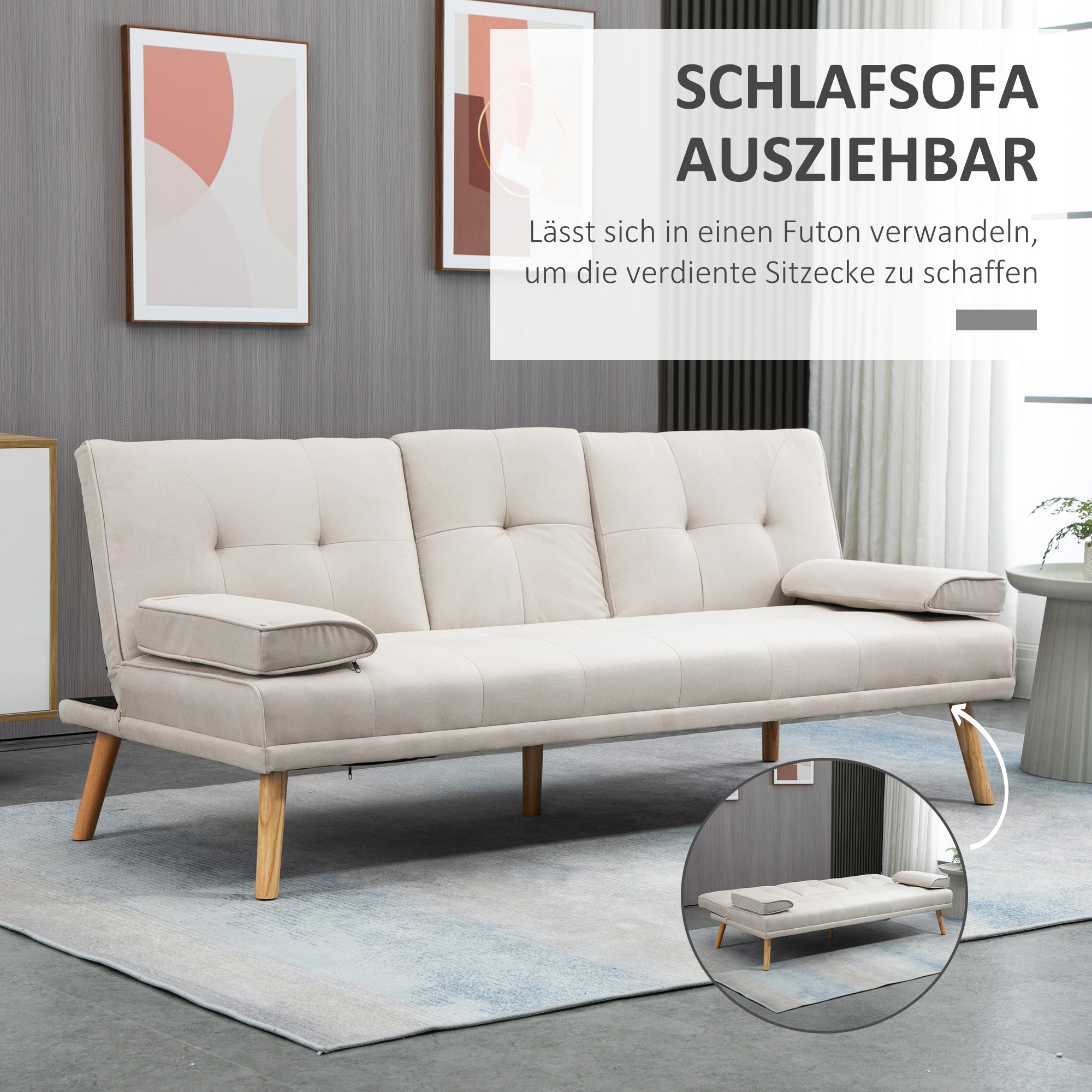 Miegamoji sofa 3 vietų, atlošas su 3 padėtimis, atlenkiamu staliuku, smėlio spalvos, 181 x 77 x 78 cm - Image 4