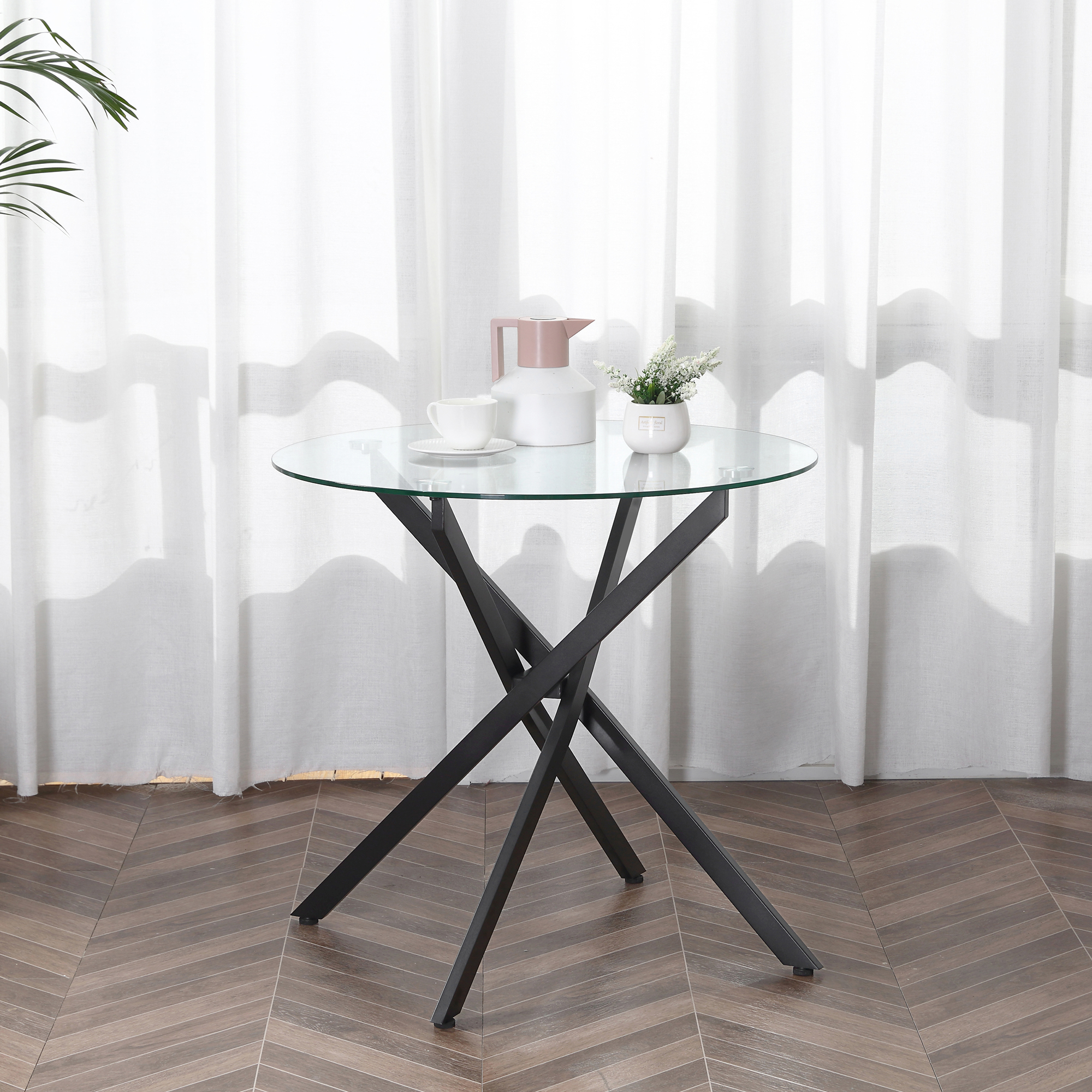 Modernus valgomojo stalas su stiklo stalviršiu, 80 cm, juodas - Image 8