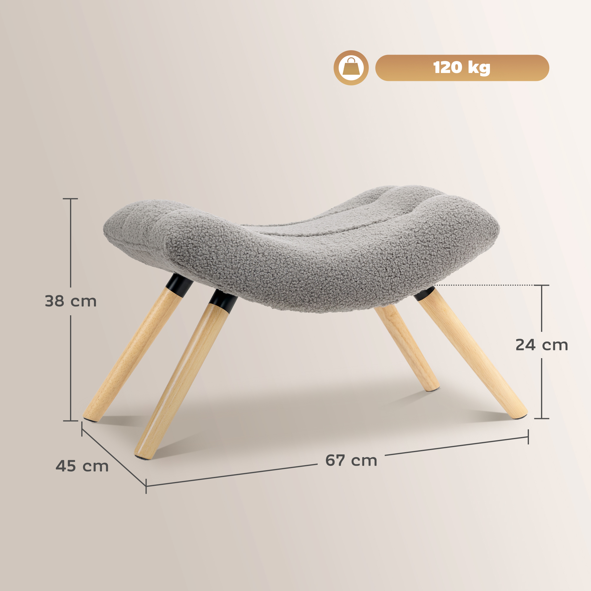Moderni jalkarahi fleece-päällysteellä ja puujaloilla, vaaleanharmaa, 67 x 45 x 38 cm - Image 3