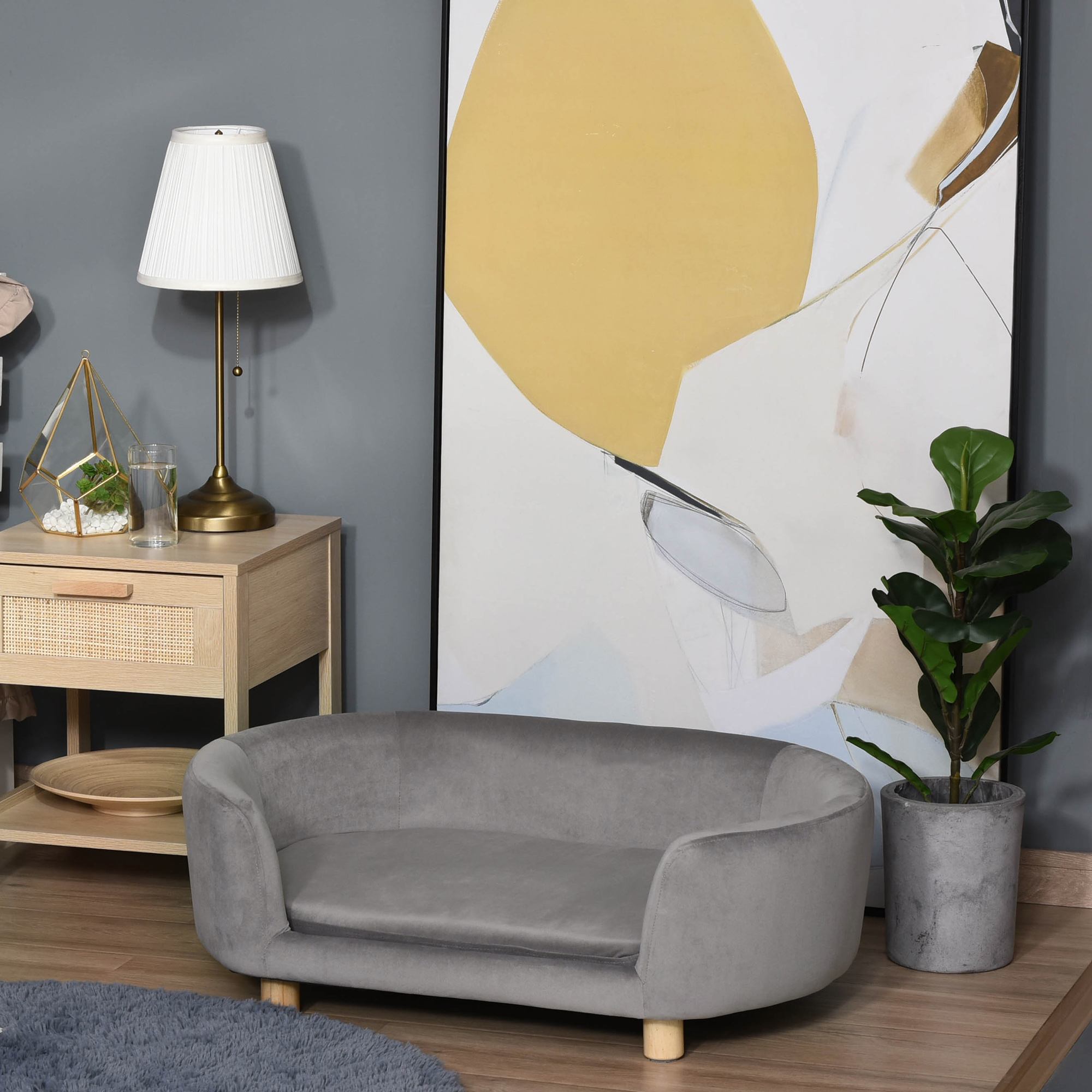Mājdzīvnieku sofa gulta gaiši pelēka, Dutch velvet, bērza kājas, 86 x 55 x 33 cm - Image 8