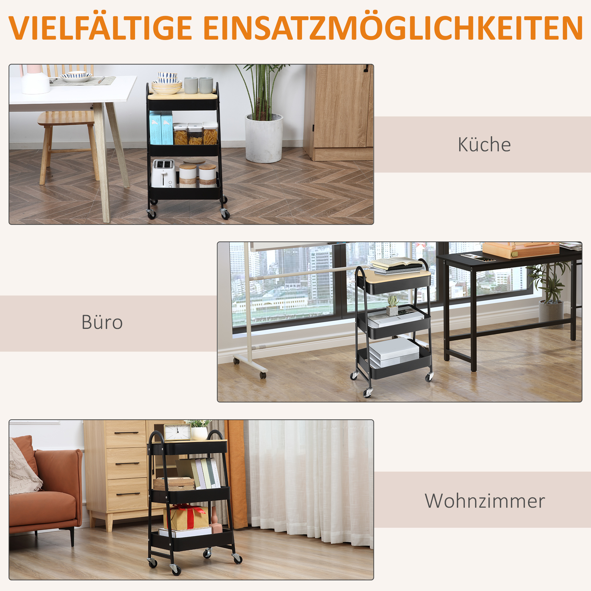 Servēšanas ratiņi ar 3 grozu plauktiem, metāls, plastmasa, melni, 45 x 31 x 79,4 cm - Image 7