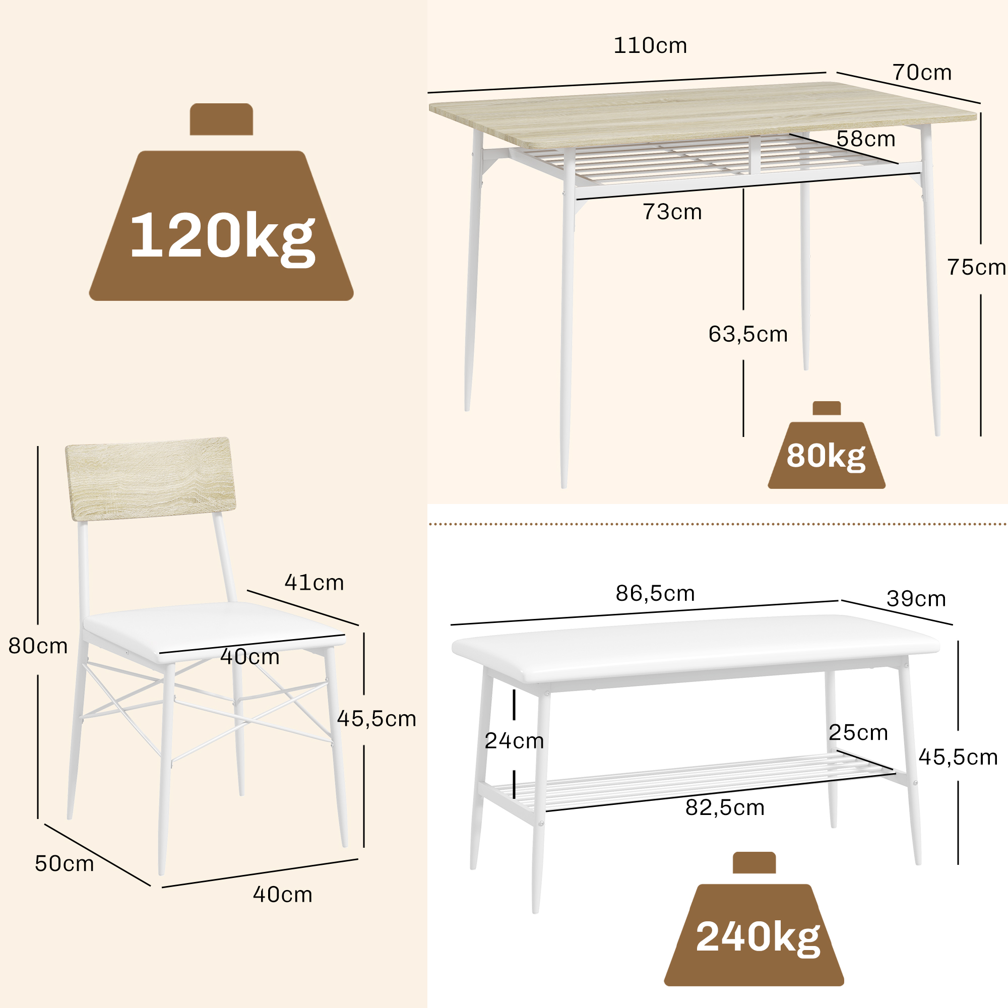 4-osainen ruokailuryhmä tuoleilla ja penkillä, 4 hengelle, tammenvärinen, 110 x 70 x 75 cm - Image 3